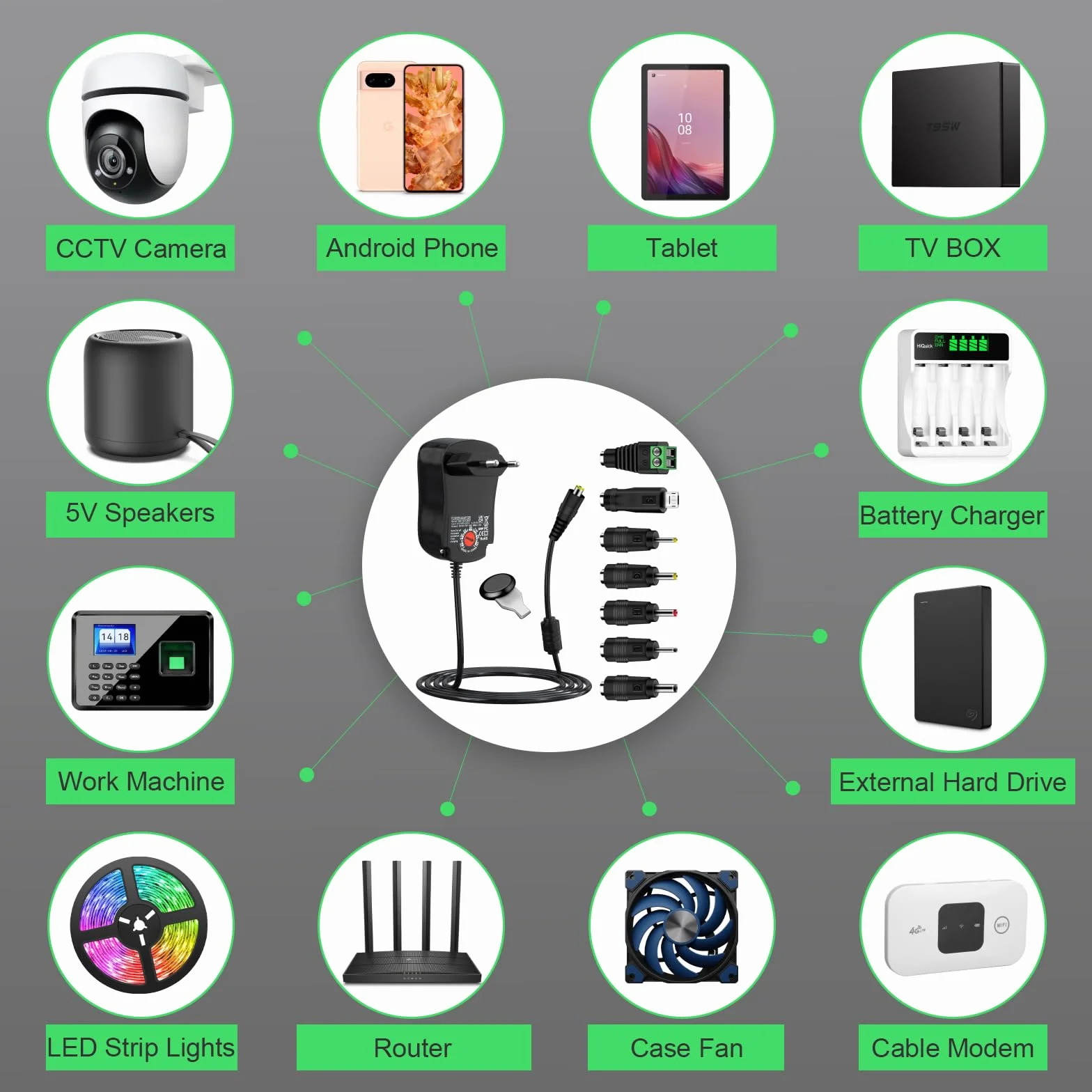 Uniwersalny zasilacz sieciowy 3-12 V, cshare 12 W AC do DC 3 V 4,5 V 5 V 6 V 7,5 V 9 V 12 V 1 A 1,2 A zasilacz impulsowy z 7 końcówkami do elektroniki domowej LED