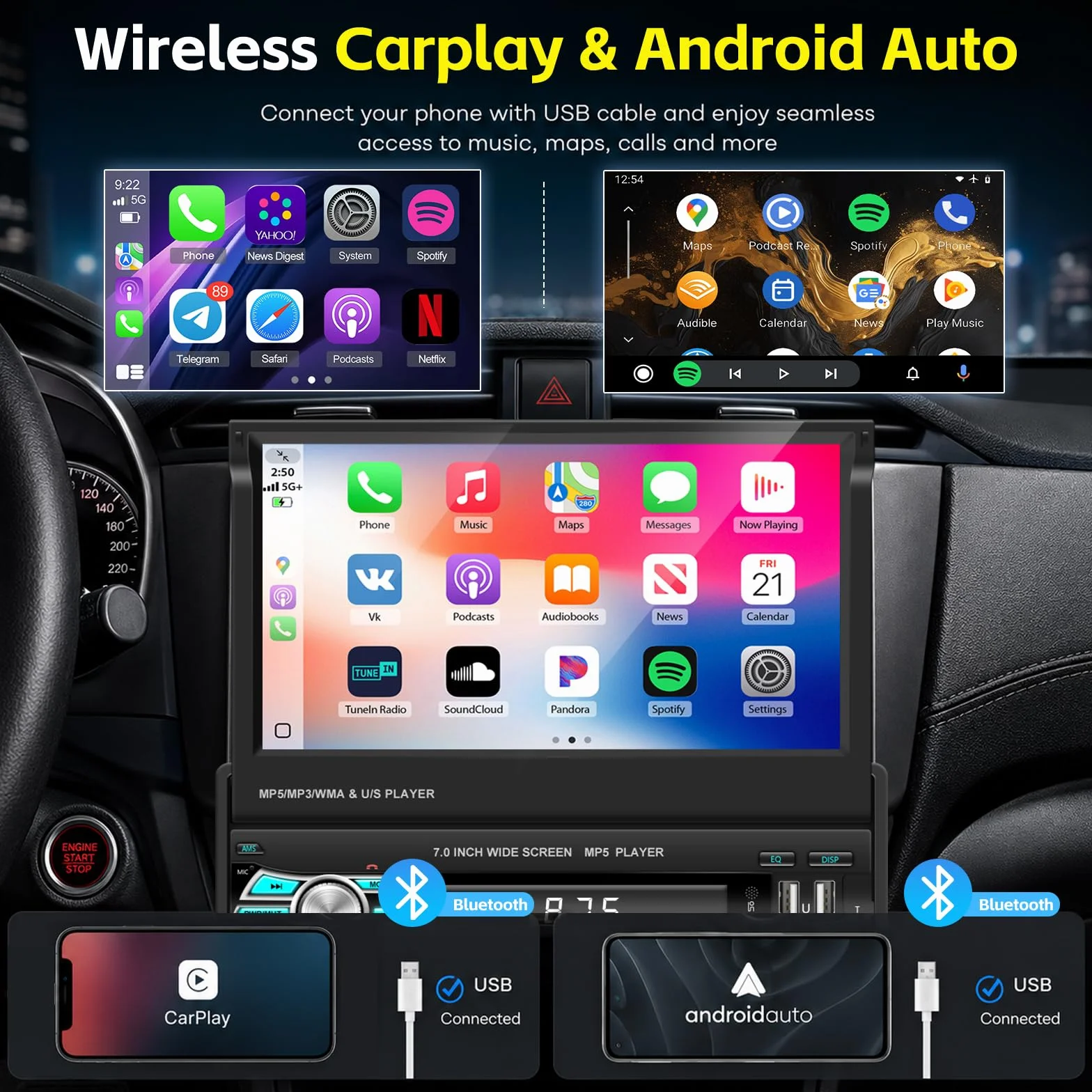 Rozkładane radio samochodowe z ekranem dotykowym z funkcją bezprzewodowego CarPlay i Android Auto | 1 Din 7-calowe radio samochodowe z Bluetooth/Mirror Link/FM/USB/SWC + kamera cofania 12 LED