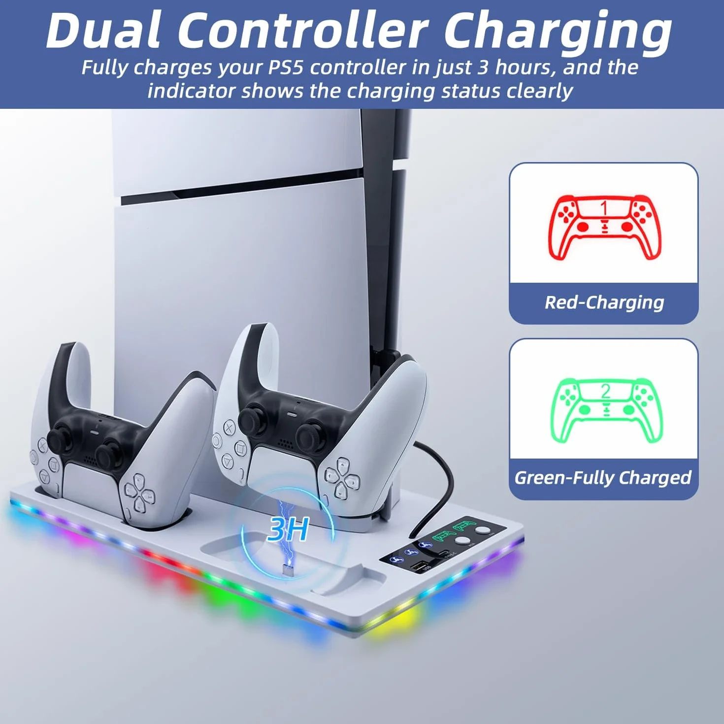 Wigearss Pionowy uchwyt do PS5/PS5 Slim/PS5 Pro z wentylatorami chłodzącymi, wielofunkcyjny ze światłem RGB, ładowarką do sterowników i portem typu C i USB