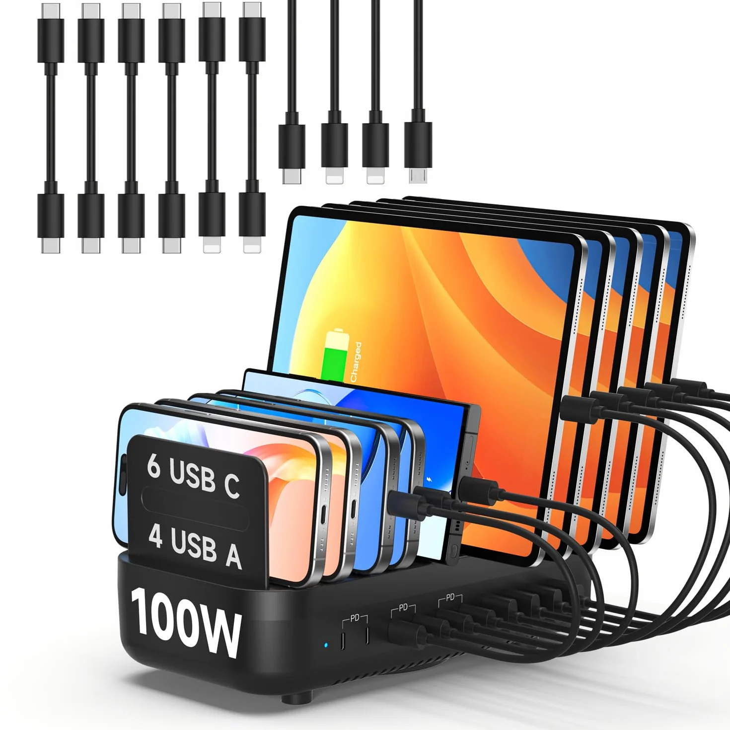SooPii 100 W 10-krotna stacja ładująca USB z 6 portami USB-C i 4 portami USB-A, szybkie ładowanie PD, kompatybilna z lPhone, LPad, Galaxy i innymi urządzeniami, w tym 10 mieszanych kabli do ładowania