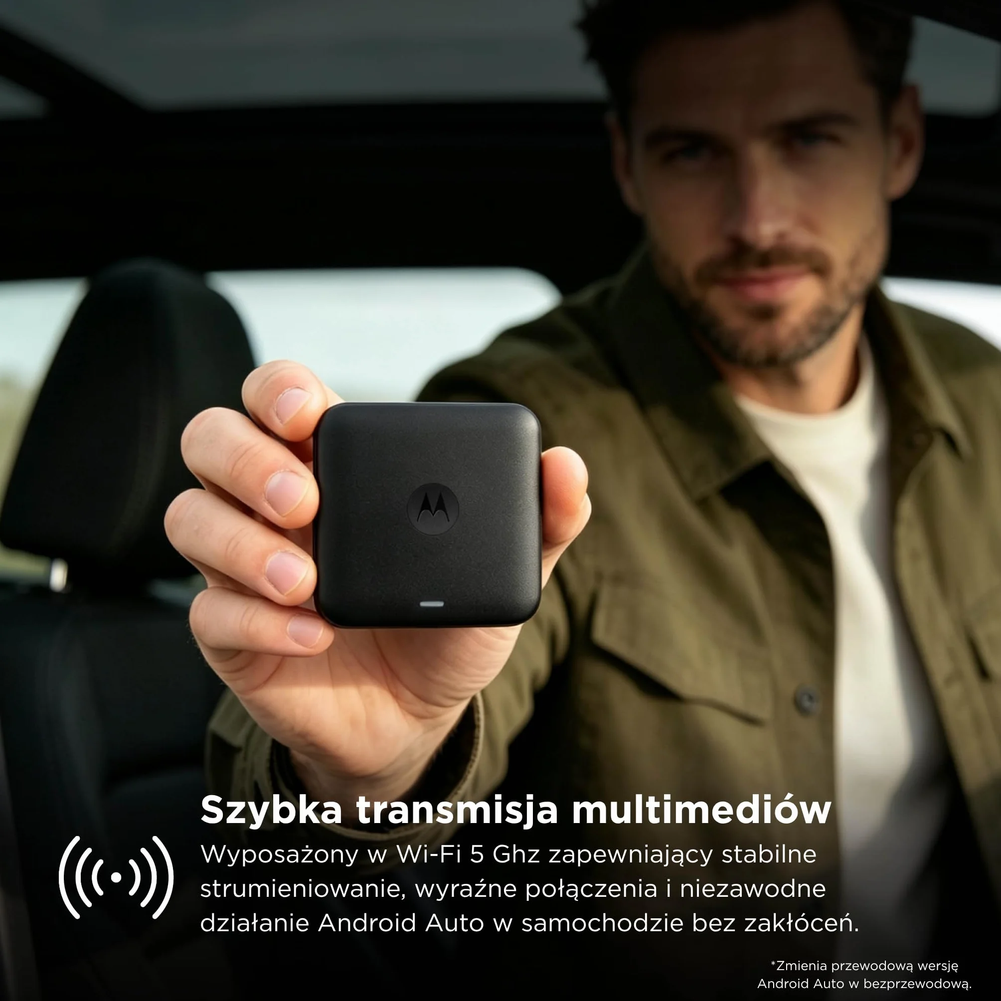 Motorola Drive MA2 adapter bezprzewodowy Android Auto – opracowany przez Google, Wi-Fi 5 GHz, automatyczne połączenie Bluetooth, USB-A i USB-C, wielopunktowe