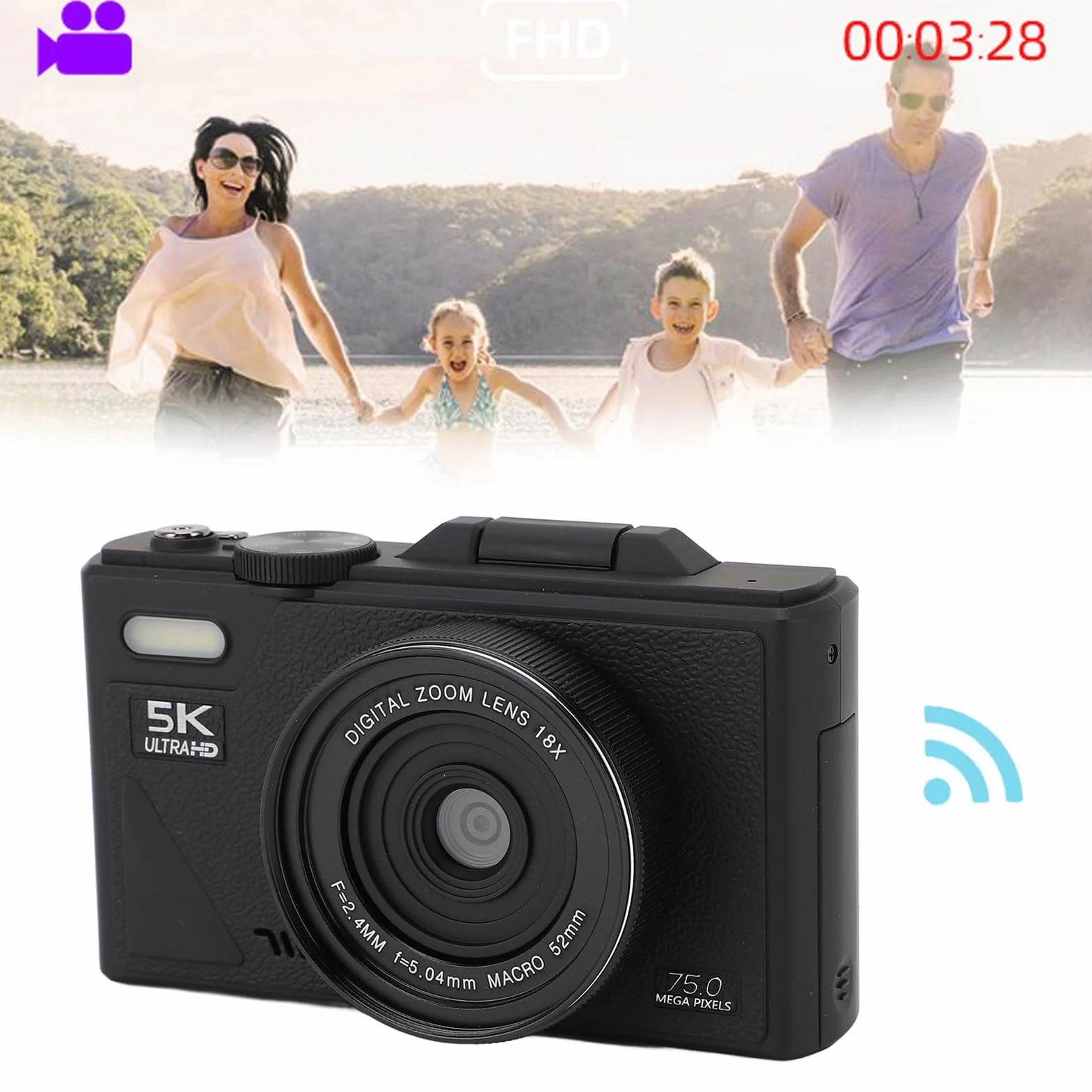 5K Aparat Cyfrowy, 75 MP HD 18x Autofocus Digitalzoom Aparat Fotograficzny Mini Kompaktowy Aparat z 3-calowym Wyświetlaczem dla Dzieci Nastoletnich dla Dorosłych Początkujących (BLACK)