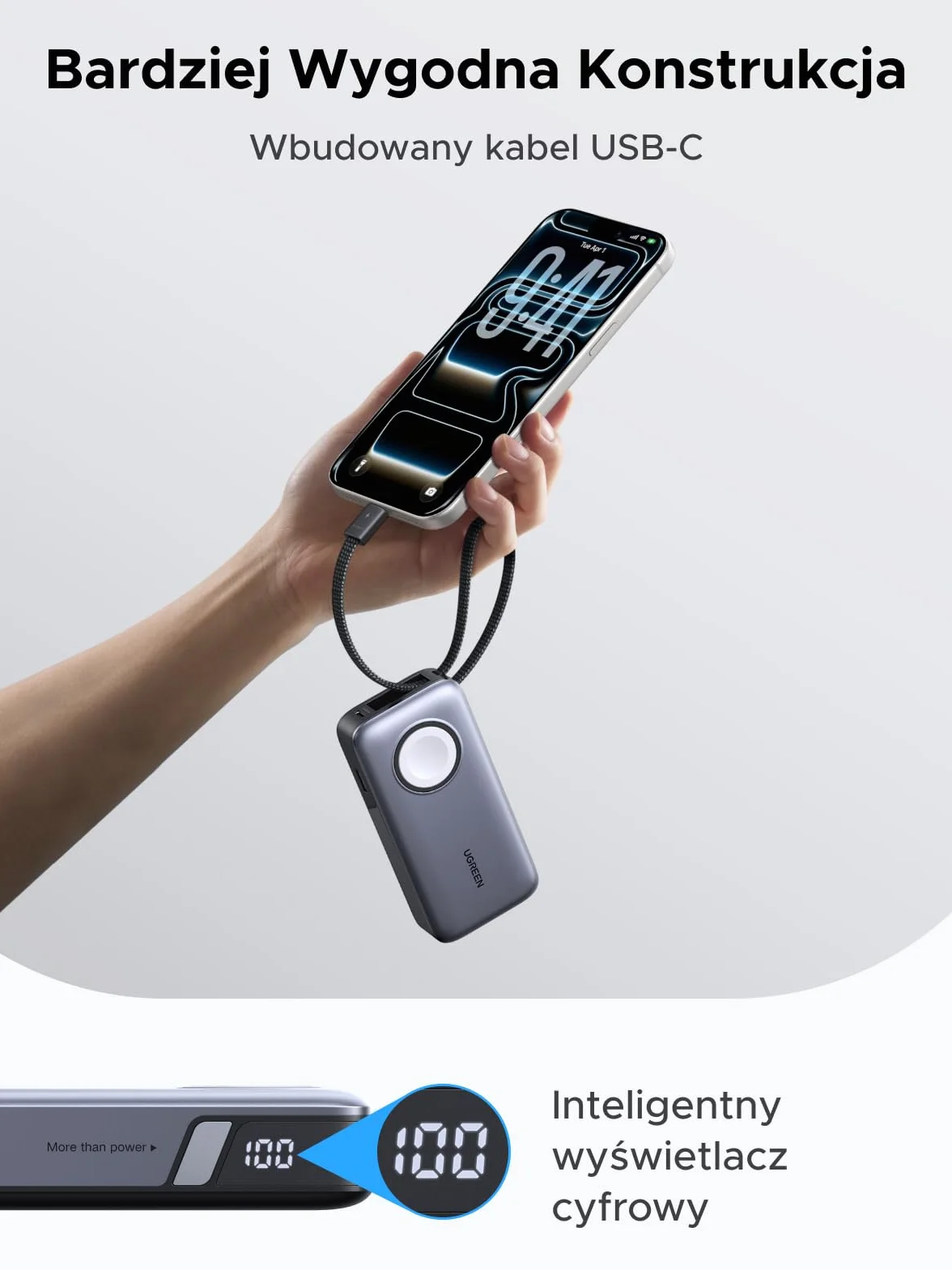 UGREEN Nexode 10000mAh Power Bank for iWatch (5W) z USB-C 30W | Oficjalnie Certyfikowane, Zintegrowany Kabel, Ekran LED, iPhone 17-12, do podróży i dojazdów do pracy