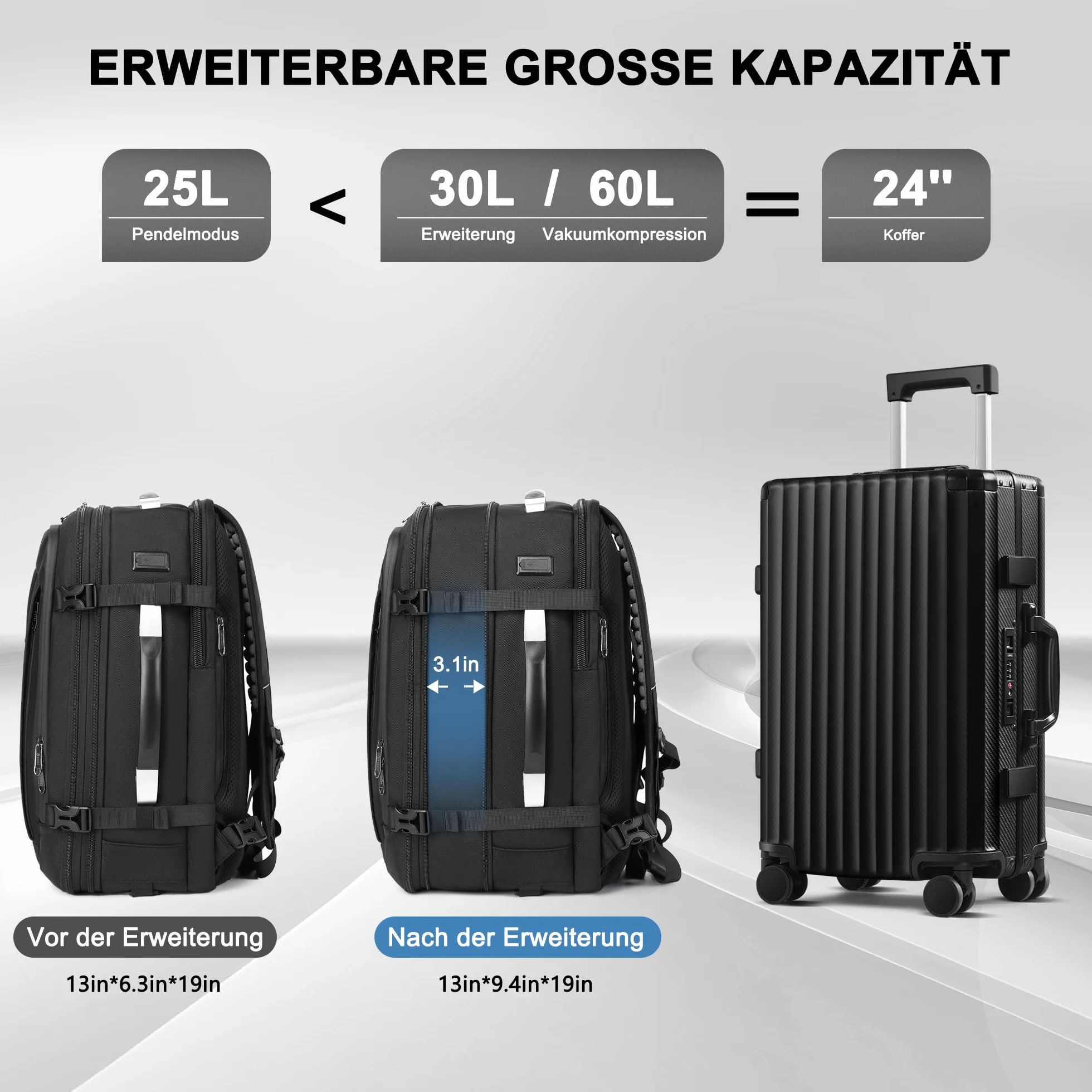 Plecak próżniowy, bagaż podręczny, 60 l, możliwość rozszerzenia, plecak podróżny z kompresją i pompką, plecak z zamkiem TSA, mit Luftpumpe