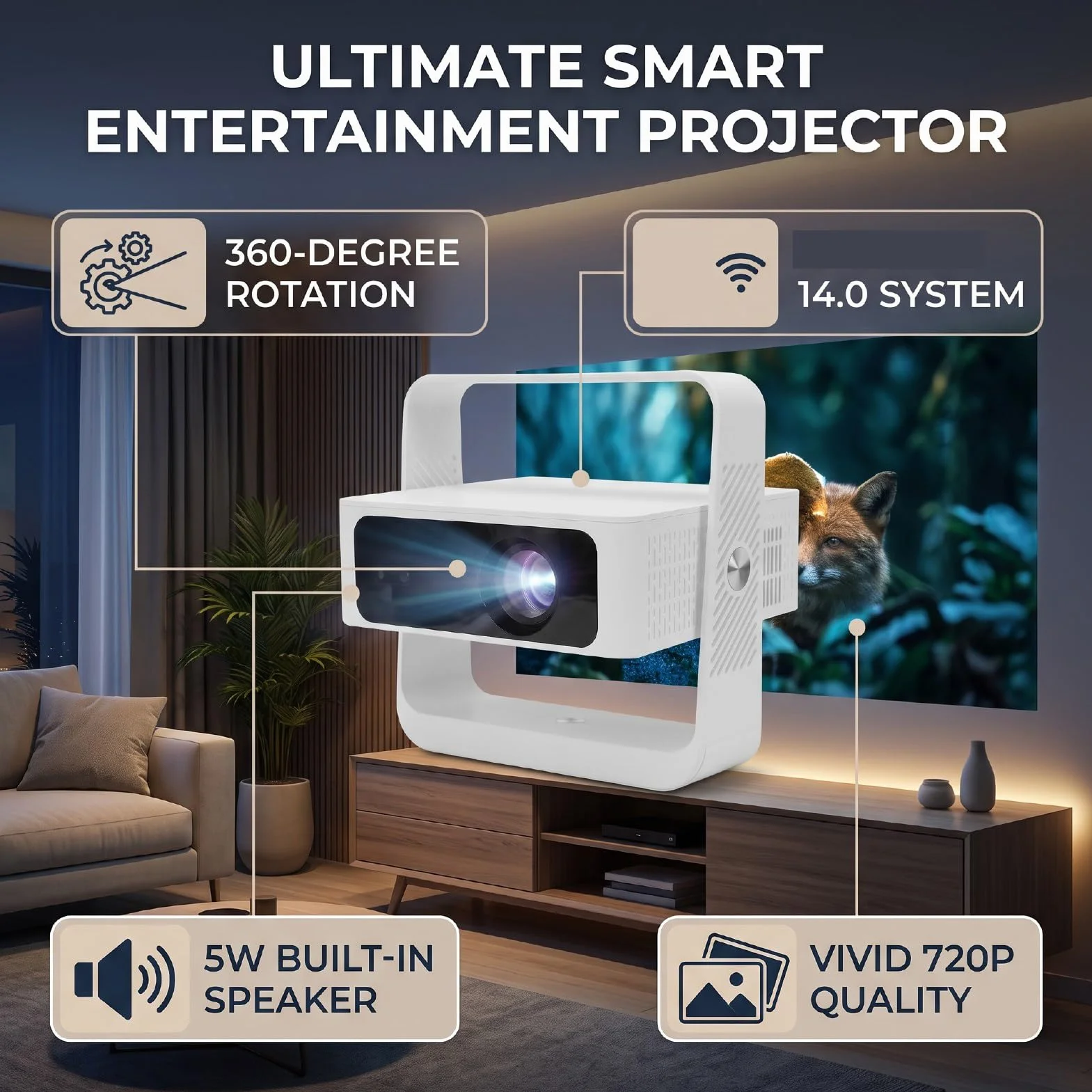 Naroote Inteligentny Projektor z WiFi Bluetooth 200 ANSI Autofokus 360° (wtyczka UE)