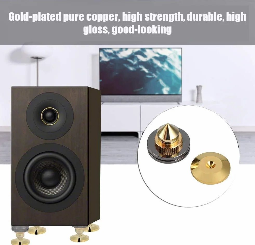 4 szt. odporne na wstrząsy kolce głośnikowe złote nóżki stożkowe podkładki bazowe do subwoofera CD wzmacniacz audio HiFi akcesoria do głośników (4 szt.)