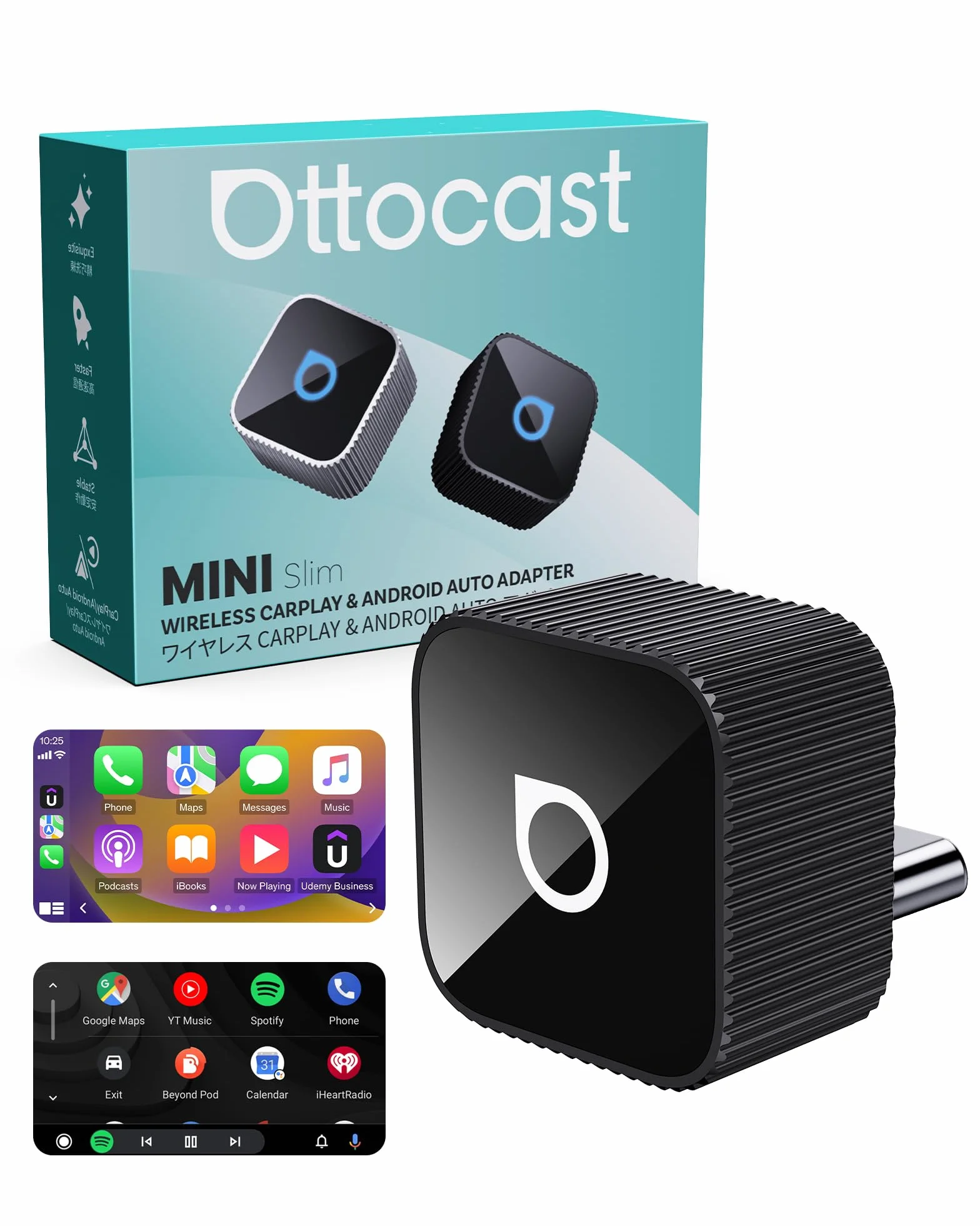 OTTOCAST Mini Slim 2026, bezprzewodowy adapter CarPlay i Android Auto Adapter, przewodowy CarPlay i Android Auto do bezprzewodowego, szybkie automatyczne połączenie, kompaktowy klucz USB C, czarna