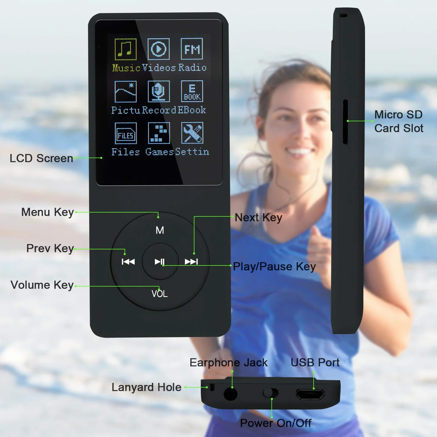 Przenośny odtwarzacz MP3 Hi-Fi 8GB obsługa SD do 64GB 70h odtwarzania bezstratny dźwięk czarny