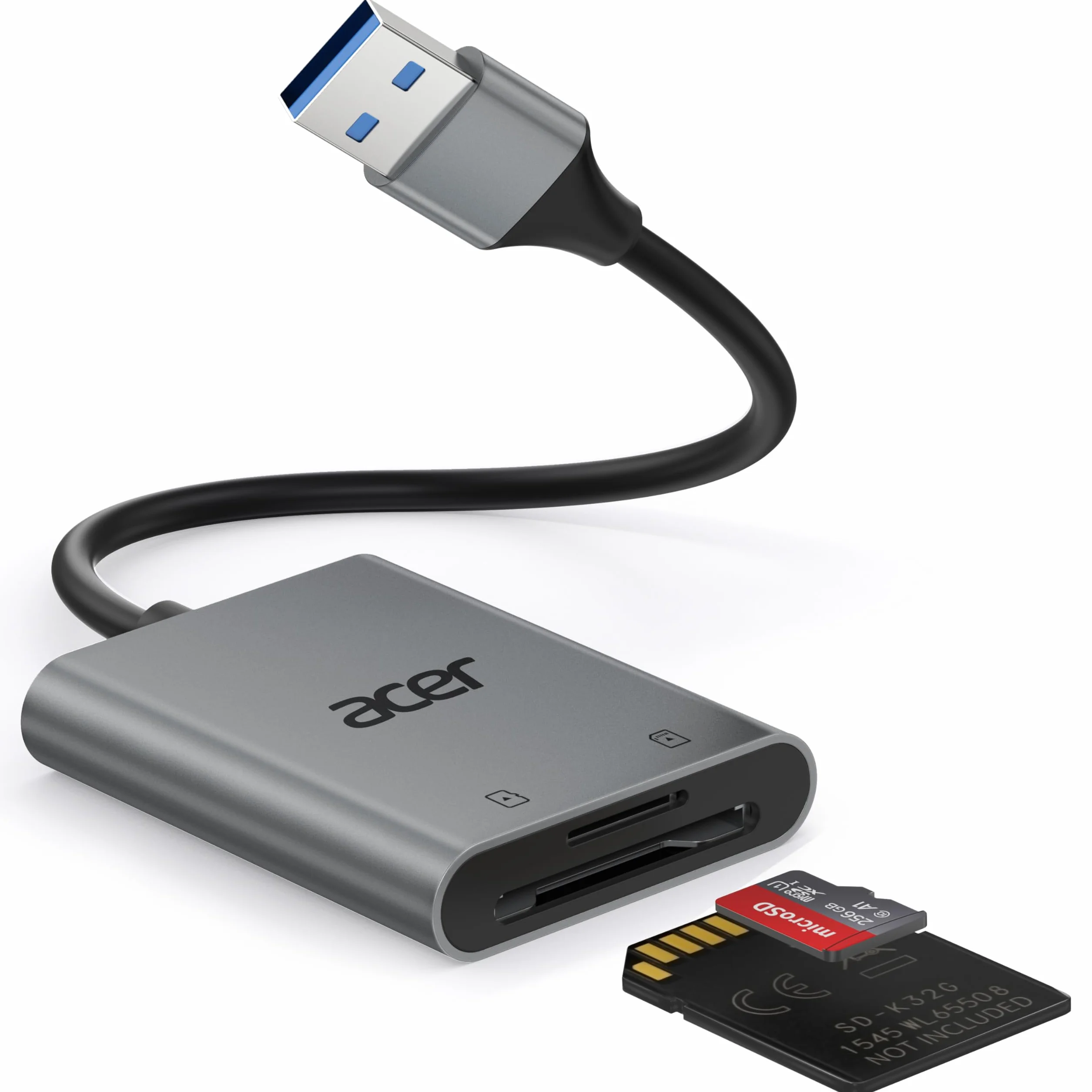 Acer Czytnik kart SD USB 3.0 z kablem, Aluminiowy czytnik kart pamięci UHS-I, USB-A Adapter micro SD Wysoka prędkość, do kart SDXC, micro SDHC, TF, RS-MMC, Komputer, PC, laptop, kamera szlakowa