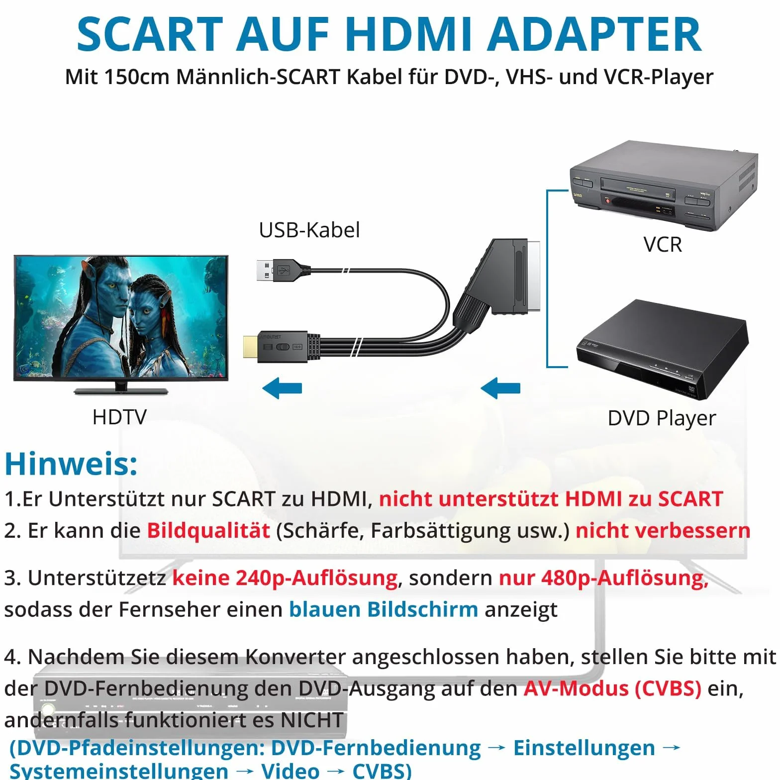 AUTOUTLET Konwerter Scart na HDMI, konwersja 16:9/4:3 i PAL/NTSC, 1080p SCART na HDMI adapter z 150 cm męski zintegrowany kabel, adapter wideo konwerter audio do HDTV, VCR, VHS, DVD
