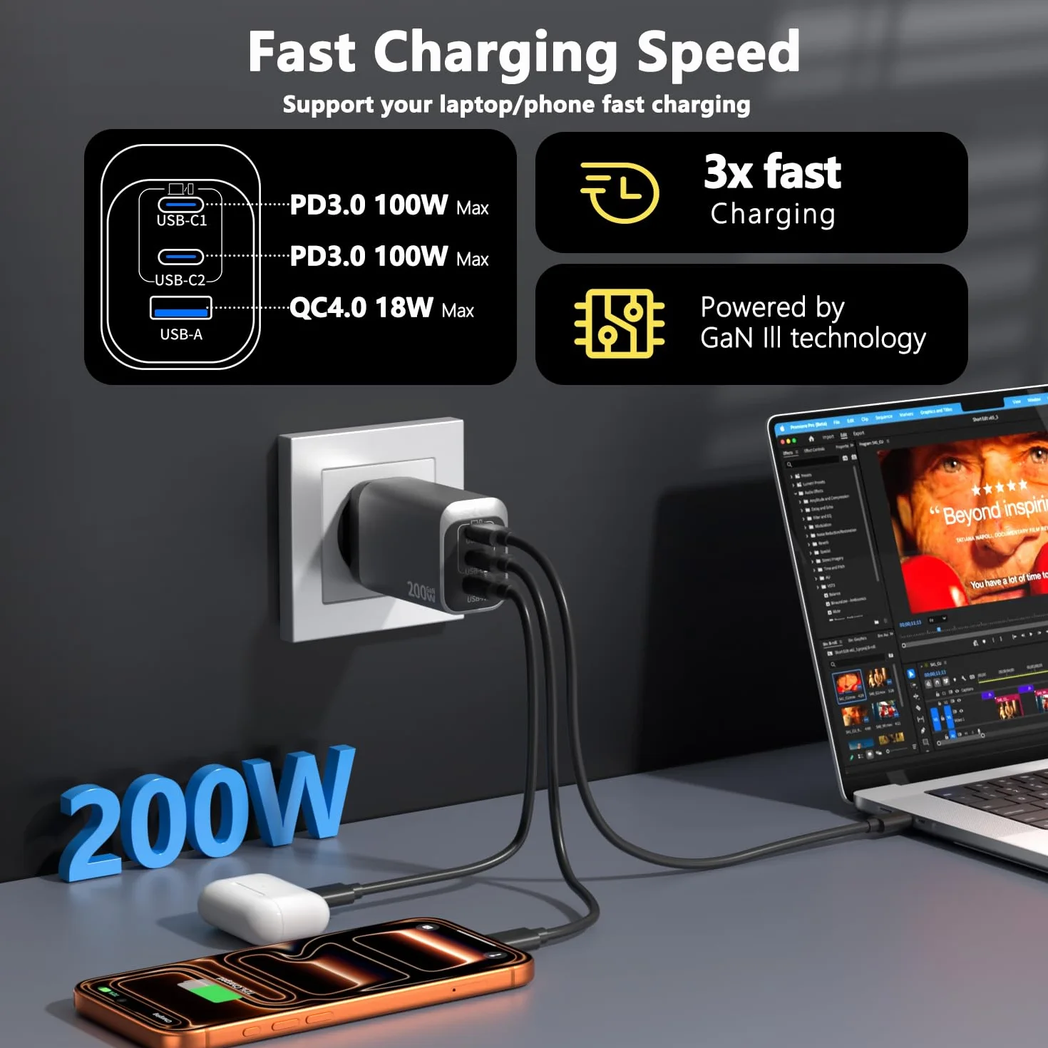 Ładowarka USB C 200 W, 3-portowa GaN Tech USB C, zasilacz PD+PPS, szybka ładowarka, ładowarka do laptopa, ładowarka do laptopa, adapter z kablem 2 m C-C, kompatybilna z MacBook Pro/iPhone 16 Pro Max