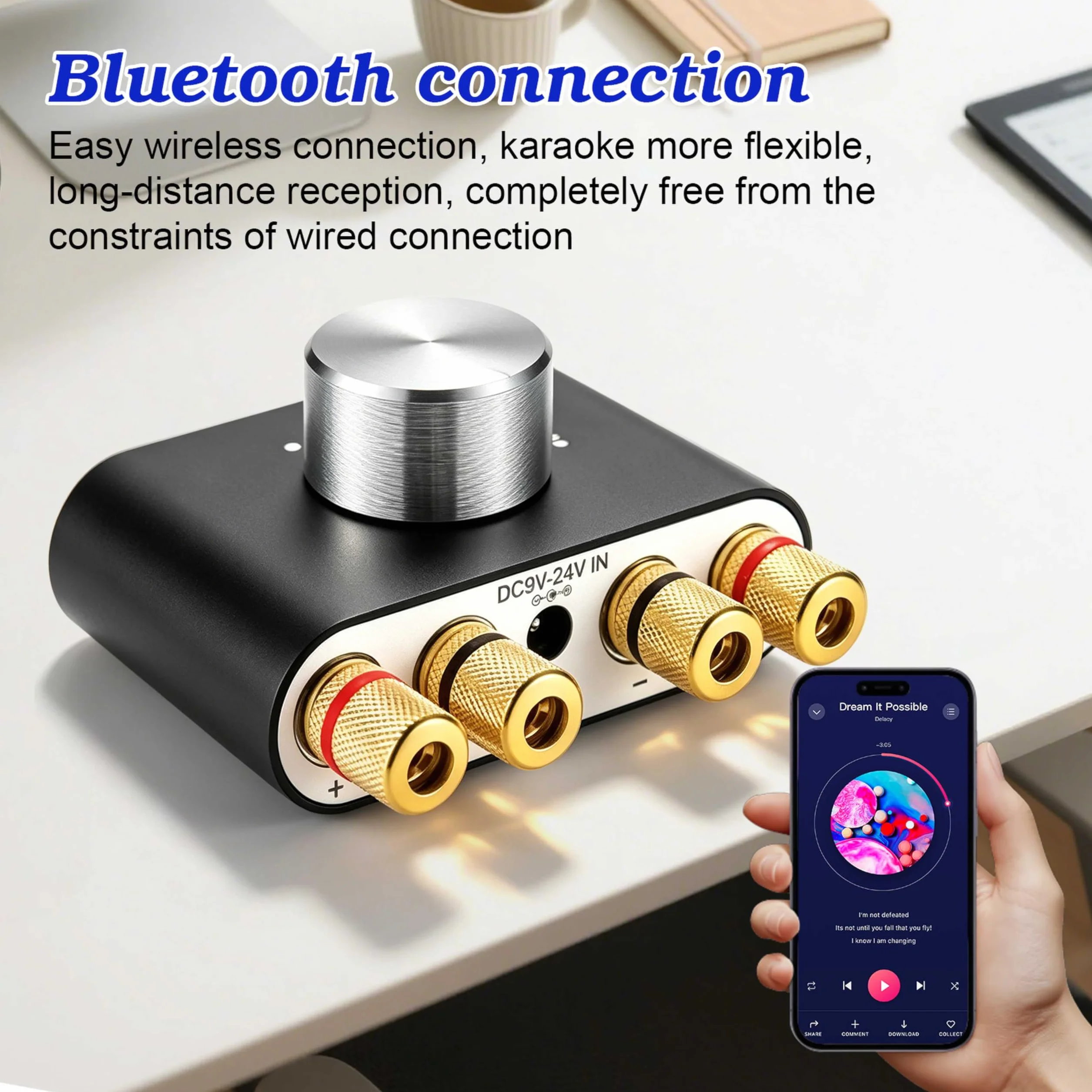 Mini wzmacniacz Bluetooth, 50W×2 HiFi stereofoniczny wzmacniacz, cyfrowy wzmacniacz mocy z zasilaczem do systemu audio do domu i biura, głośniki