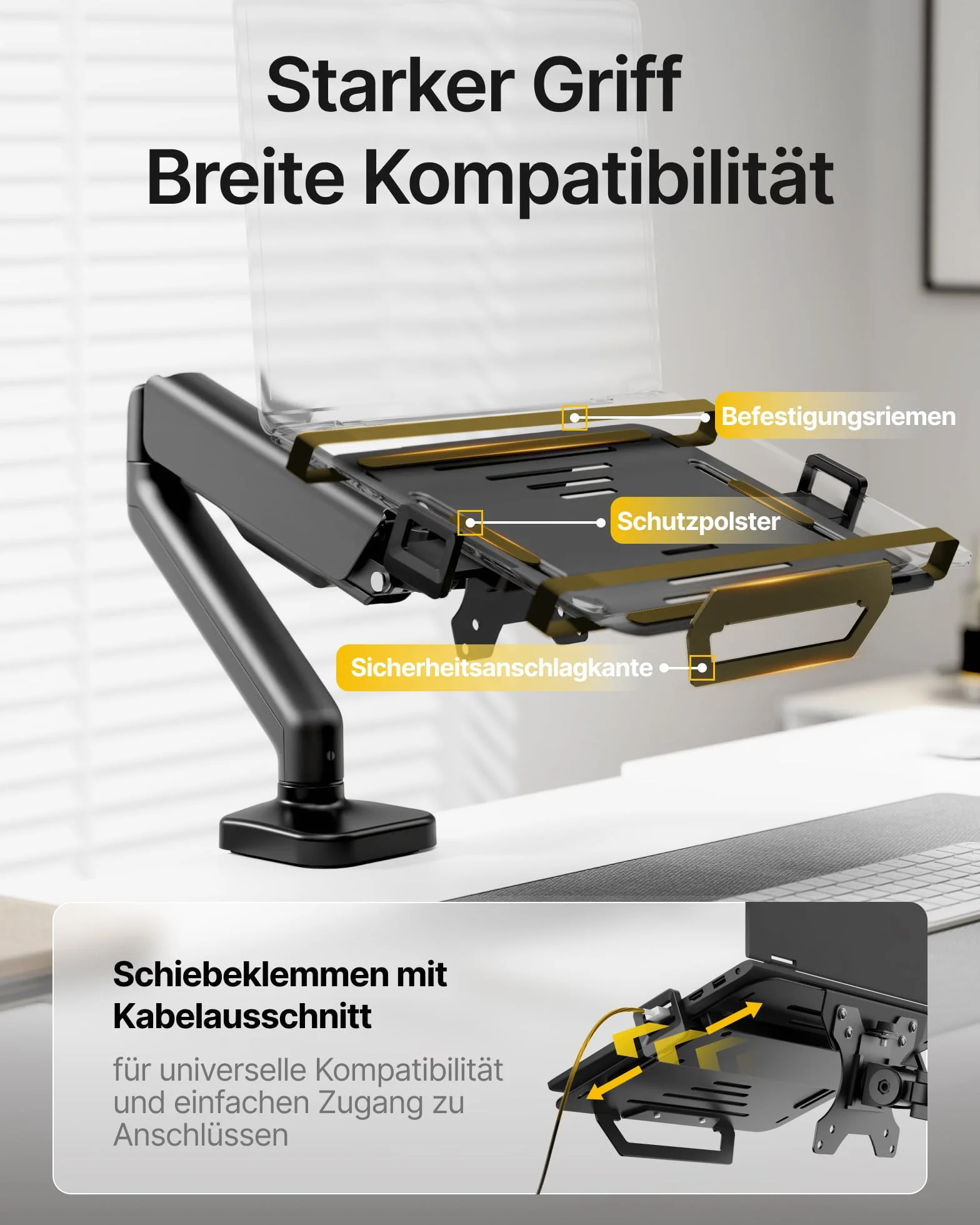 monTEK Uchwyt do Monitora i Laptopa 2 w 1, Regulowane Ramię do Monitora 17–32" i Laptopa 12–18", VESA 75x75/100x100, Mocowanie Zaciskowe lub Przelotowe, Czarny