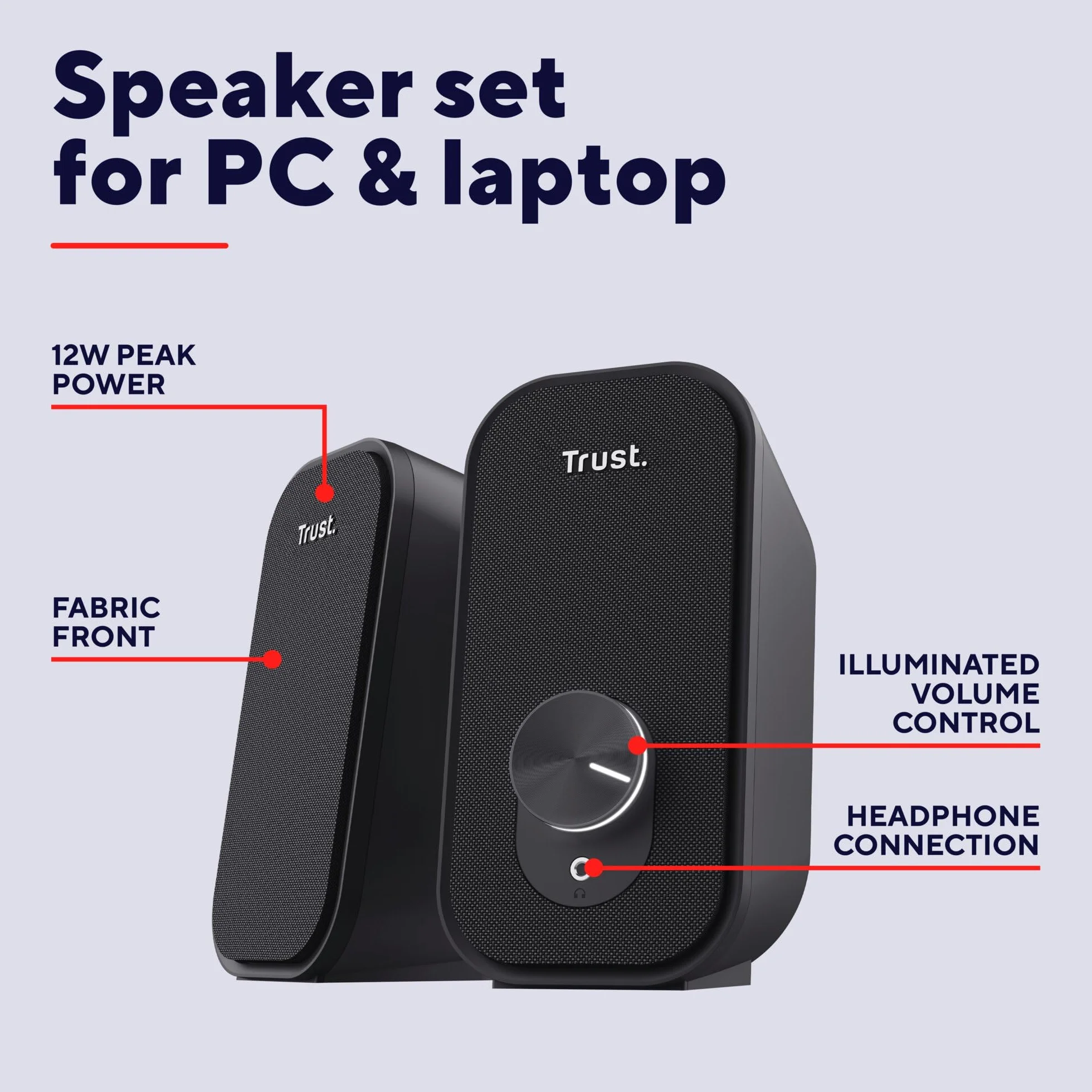 Trust Orada głośniki komputerowe 2.0 12W (6W RMS), kompaktowy zestaw głośników stereo z zasilaniem USB, kabel audio AUX 3.5mm, wejście słuchawkowe, głośnik do PC i laptopa, czarny
