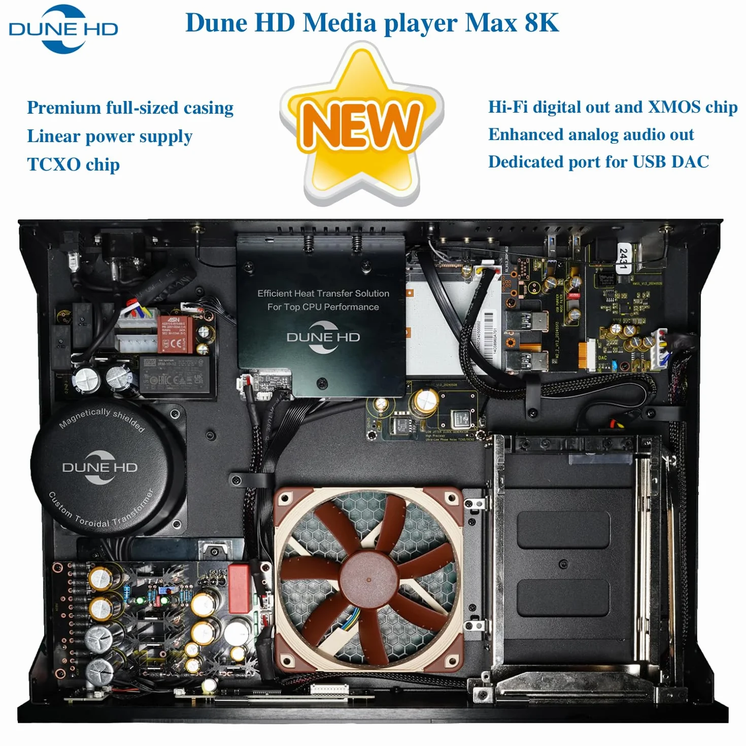Dune HD Max 8K, Full-sized Media Player, Android Box, D Vision, Atmo, HDD rack, Linear PSU, TCXO, Hi-Fi I2S-E output, Hi-Fi S/PDIF output, 8Gb/64Gb