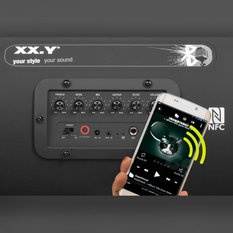 XX.Y P-127J przenośny głośnik Bluetooth Boom Box (NFC) z wbudowanym akumulatorem/wejściem audio do mikrofonu/instrumentu muzycznego/odtwarzacza MP3, czarny