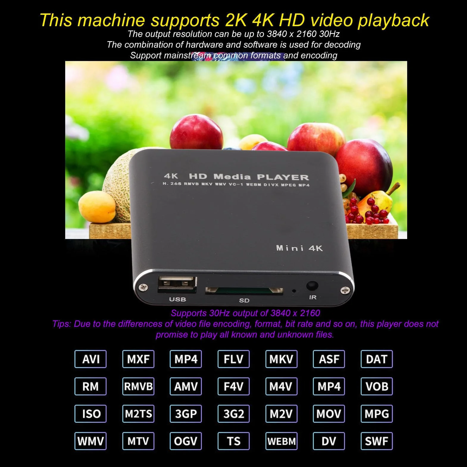 Odtwarzacz Wideo 4K HD, Odtwarzanie Wieloformatowe Mini Odtwarzacz Multimediów Strumieniowych z 4 GB Pamięci i Wieloma Napisami, dla Interfejsu Multimedialnego HD, Karty Pamięci (Wtyczka UE)