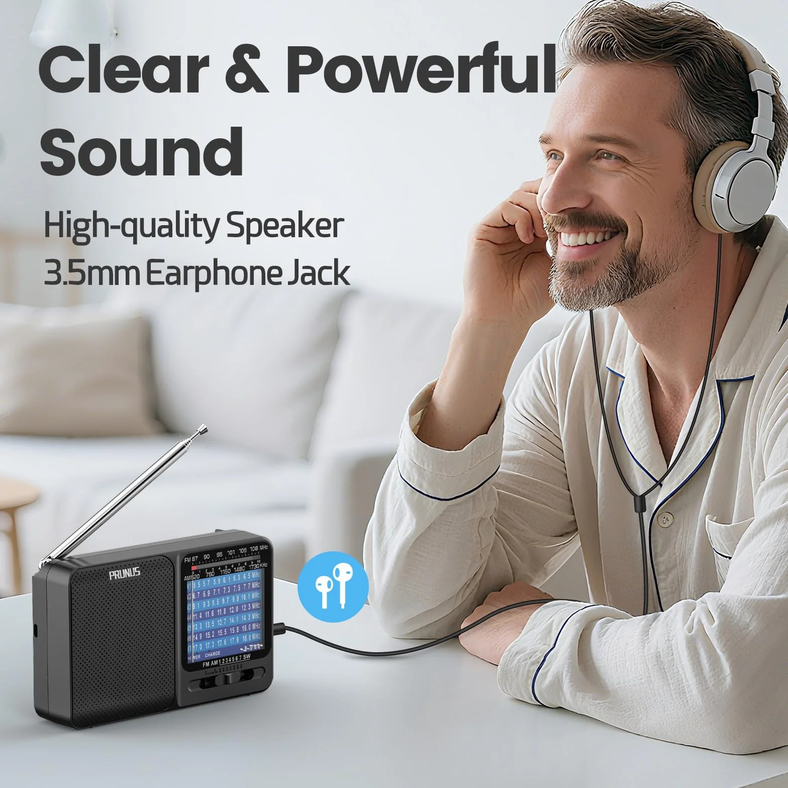 PRUNUS J-711 kieszonkowe radio AM/SW/FM z możliwością ładowania, kompatybilne z bateriami AA i ładowaniem USB-C, doskonały odbiór, gniazdo słuchawkowe, ze sznurkiem na szyję, idealne na spacery i