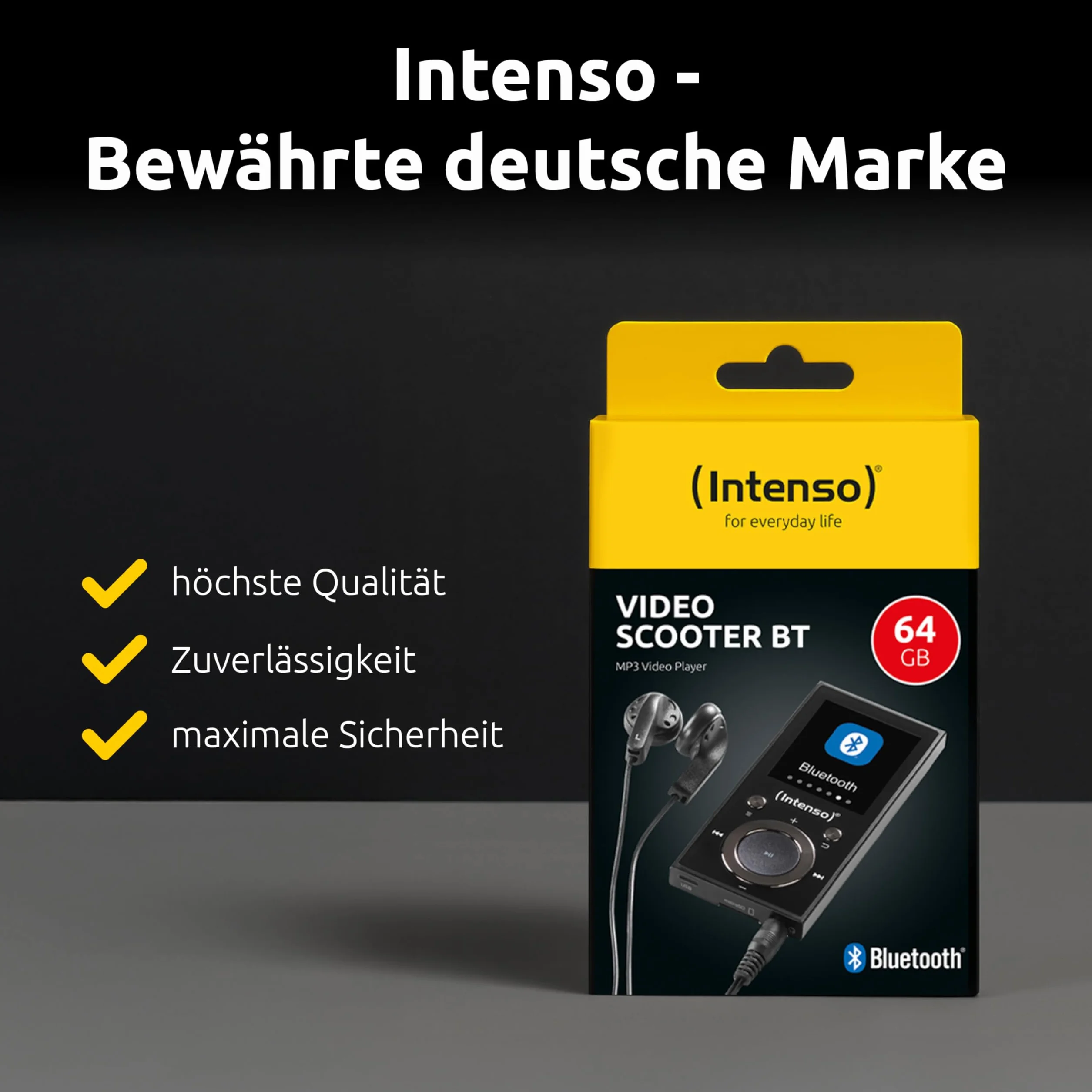 Intenso Video Scooter BT odtwarzacz MP3 z Bluetooth 5.0, kolorowy wyświetlacz 1,8", 64 GB microSD, USB-C, akumulator do 18 h, w zestawie słuchawki, czarny