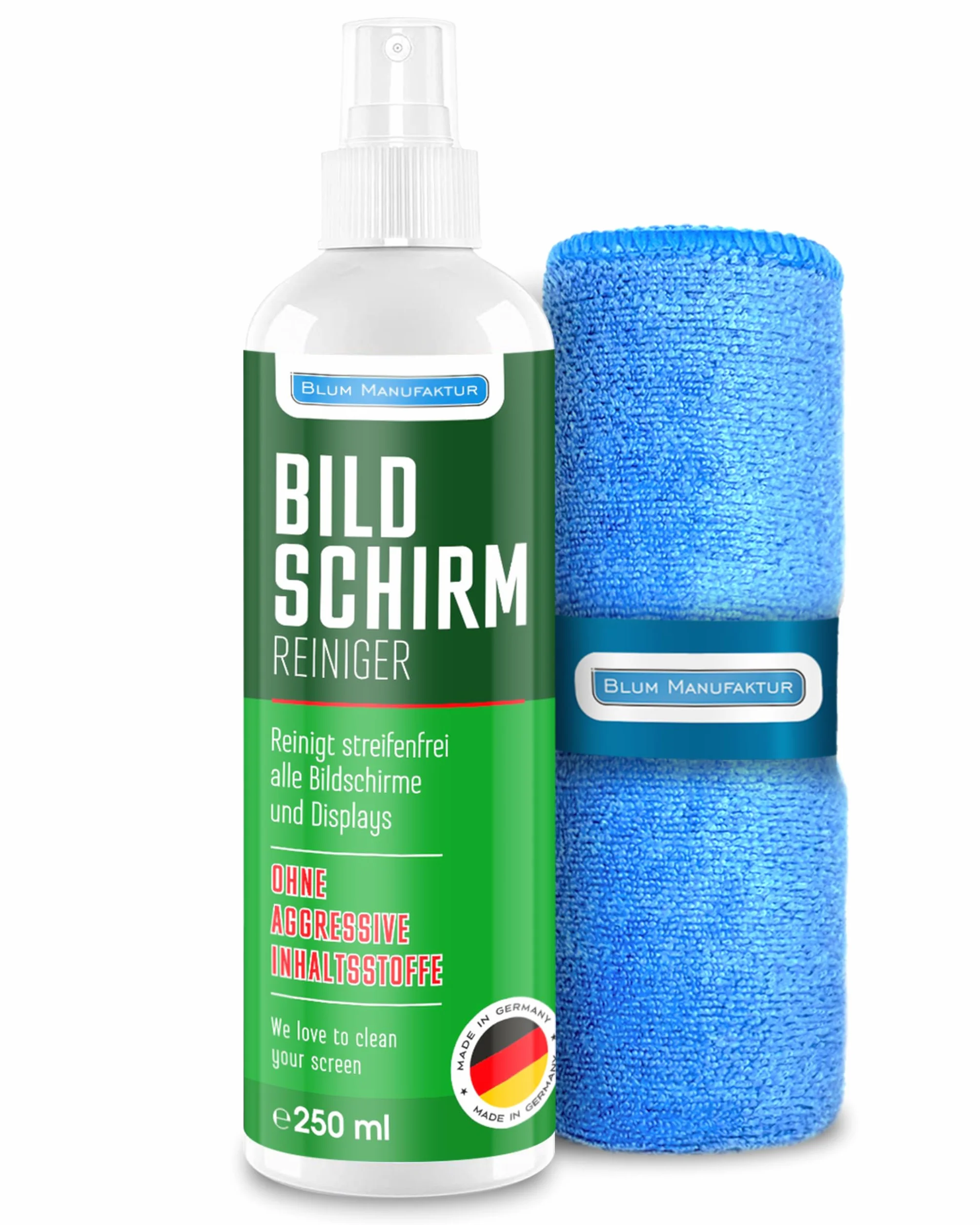 Blum Manufaktur Screen Cleaner 250 ml - środek do czyszczenia ekranów - środek do czyszczenia komputerów - w zestawie ściereczka z mikrofibry 30 x 30 cm - środek do czyszczenia monitorów - Made in Germany