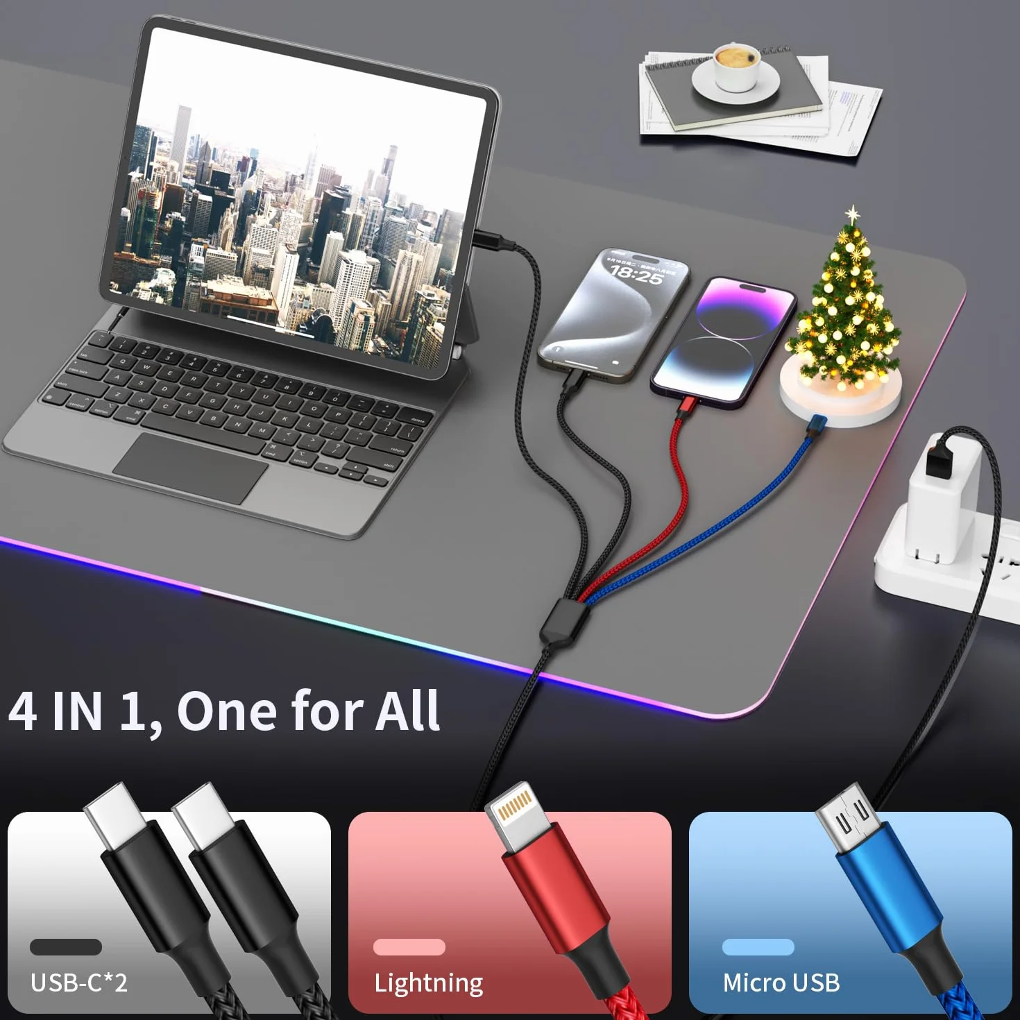 Podwójny kabel do ładowania TypeC 4 w 1, kable ładujące do wielu urządzeń | 2 x kabel USB, uniwersalny kabel do ładowania telefonu iPhone 17-8/Androids/iPad i innych, niezbędne akcesoria podróżne