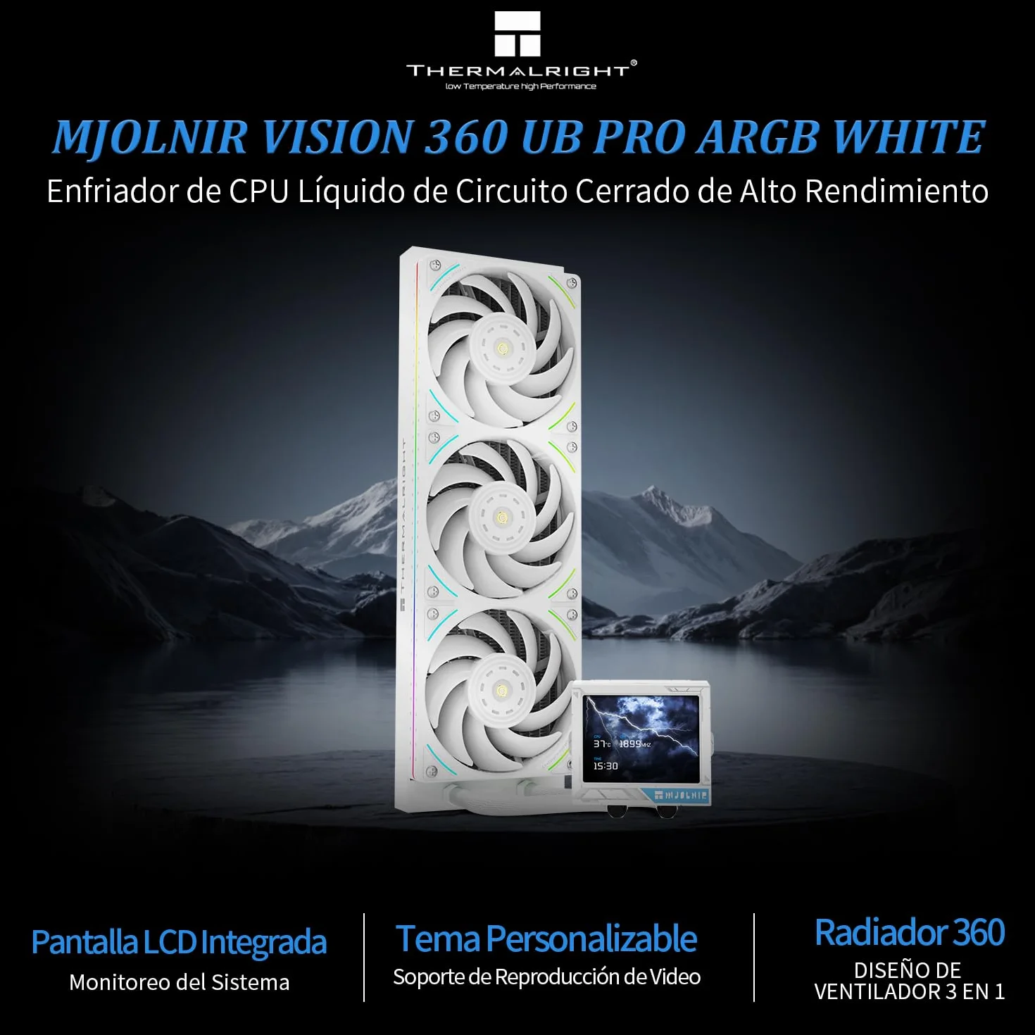 TR Mjolnir Vision 360 UB PRO ARGB Biały CPU-Aio-Chłodnica, 360-Specyfikacja System Chłodzenia Wodoodporny z Wentylatorem Wbudowanym, 3,5" Ekran LCD z Rozdzielczością 640x480 dla AM4/AM5; Intel LGA1700
