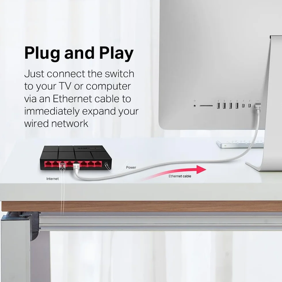 Mercusys MS108G – Niezarządzalny switch Gigabit Ethernet 8‑portowy, obudowa z tworzywa, bez wentylatora, Plug & Play, energooszczędny Green Ethernet, idealny do biura domowego, NAS, IPTV, monitoringu