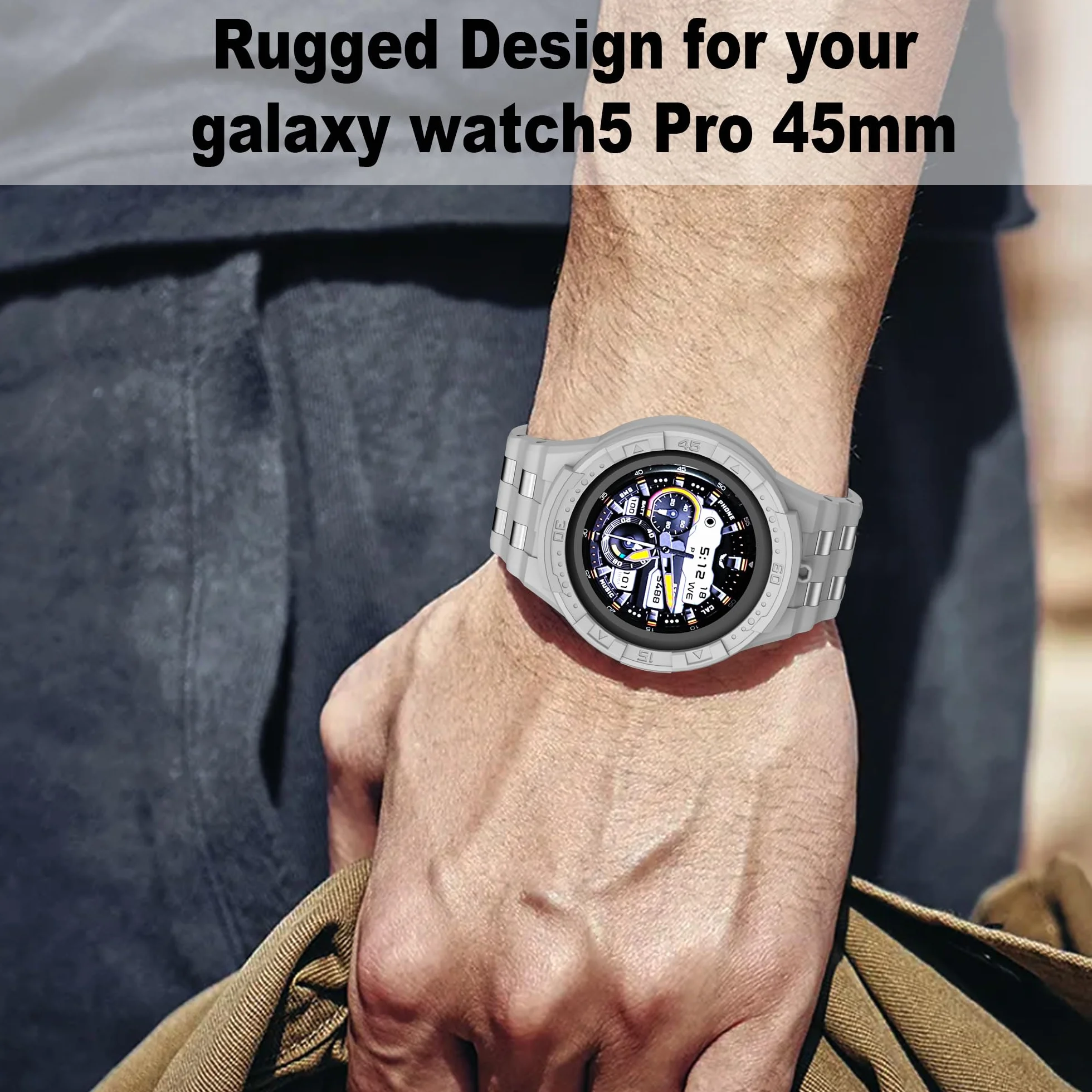 Etui kompatybilne z zegarkiem Samsung Galaxy Watch 5 Pro Band z etui do Galaxy 5 Pro 45 mm 2022, męskie, szare