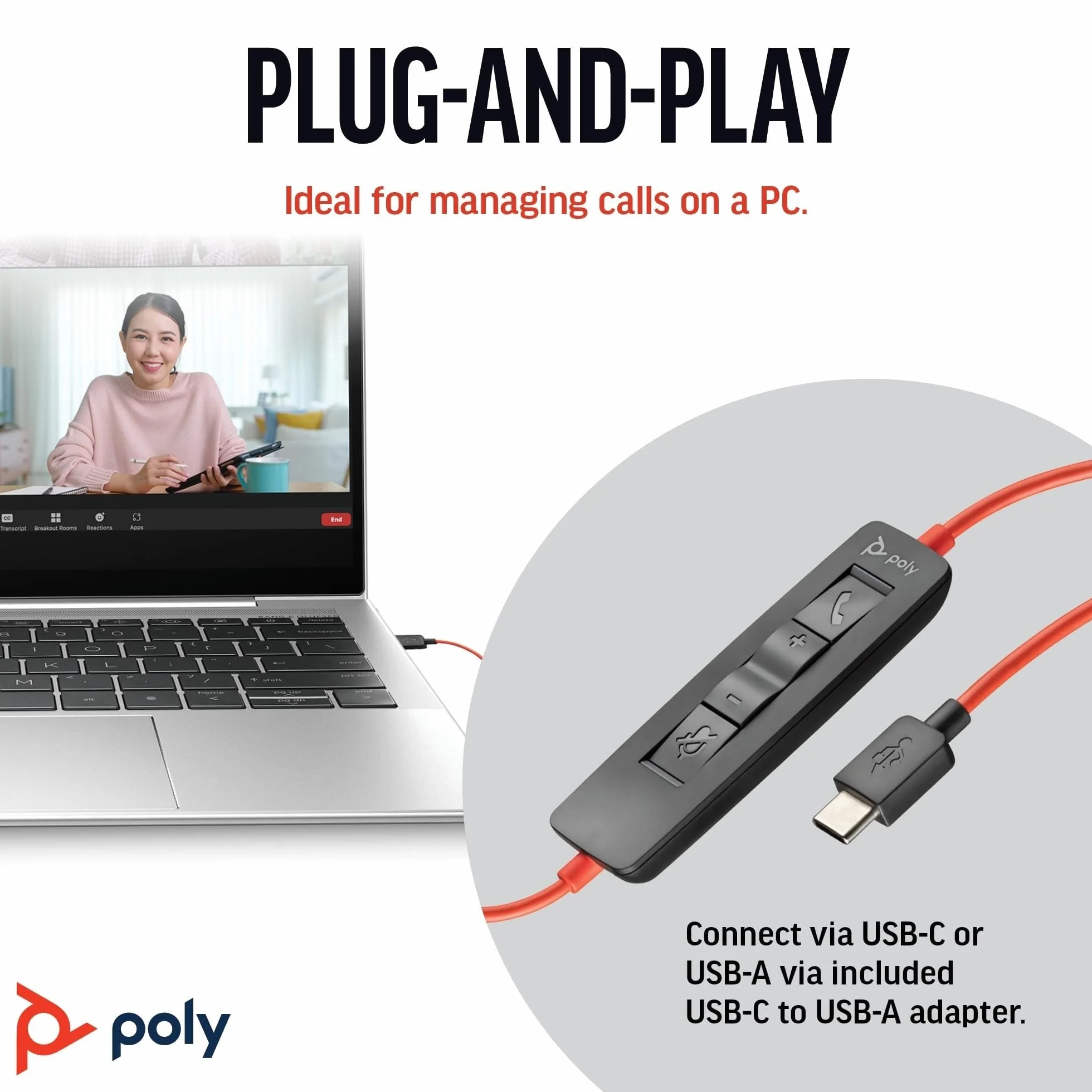 Poly Blackwire 3320 przewodowy zestaw słuchawkowy (Plantronics) – elastyczny wysięgnik mikrofonowy – stereo Hi-Fi, połączenie z komputerem PC/Mac przez USB-C lub USB-A – współpracuje z zespołami/Zoom,