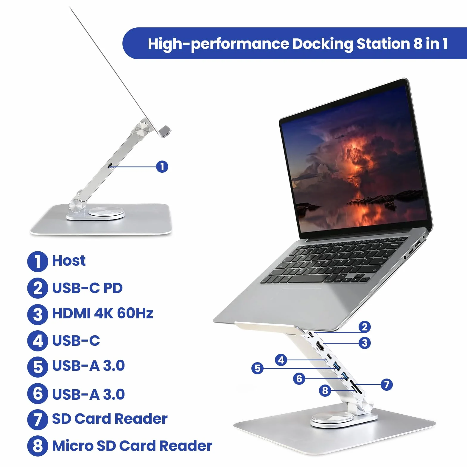 Ewent Stojak na laptopa ze stopu aluminium, stojak do stacji dokującej 7 w 1 z kablem USB-C, ergonomiczne podnoszenie laptopa z regulacją wysokości z obrotem o 360°, antypoślizgowa podstawa