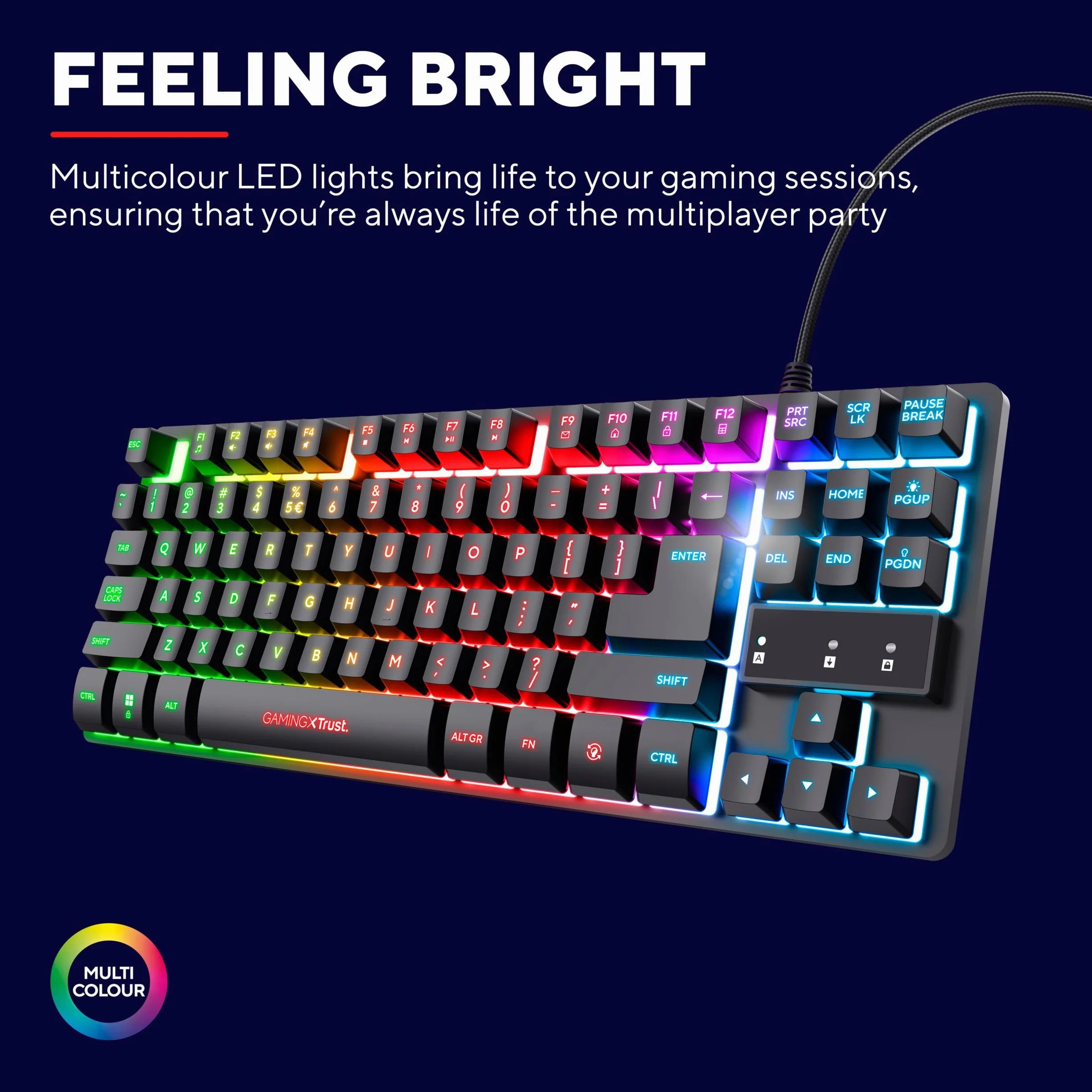 Trust Gaming Gamer TKL GXT 833 Thado podświetlenie klawiatury RGB bez tenkeylu (20% mniejszy), membrana, hiszpański układ QWERTY, anty-ghosting, USB, z kablem, PC/PC