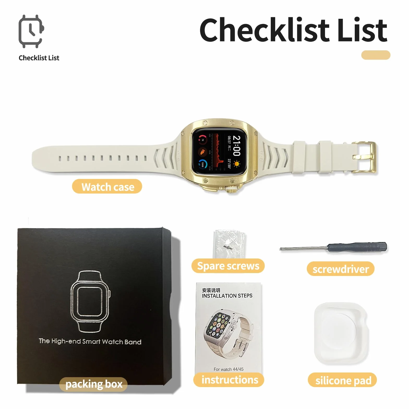 Shellbox kompatybilny z Apple Watch Series 8 7 45 mm / Series 6 SE 5 4 44 mm, ochronny wytrzymały metalowy zderzak ze stali nierdzewnej z paskiem i twardą osłoną ekranu, wytrzymały wojskowy pokrowiec