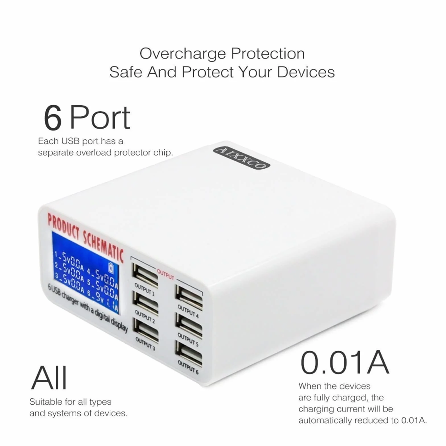 Ładowarka USB, 6A z cyfrowym wyświetlaczem LCD 6-portowa szybka inteligentna stacja ładująca do tabletów telefonicznych smartfonów, użytku w biurze domowym Przenośny(896)
