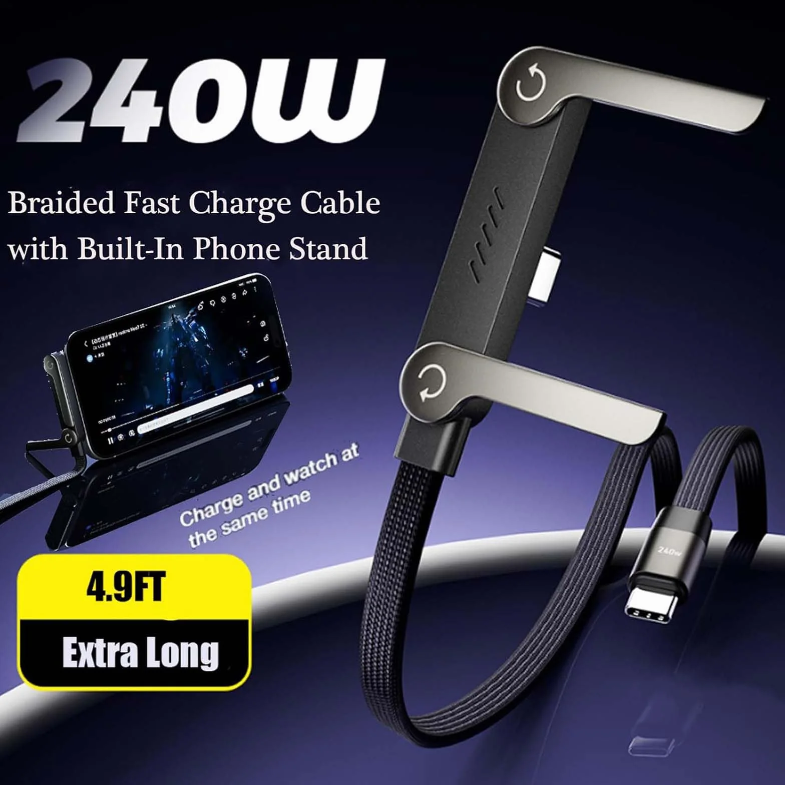 Niewidoczny uchwyt, kabel do ładowania ze stojakiem, ładowarka do telefonu komórkowego typu C (orientacja boczna), 240 W, kabel do szybkiego ładowania danych ze stojakiem i elastycznym złączem