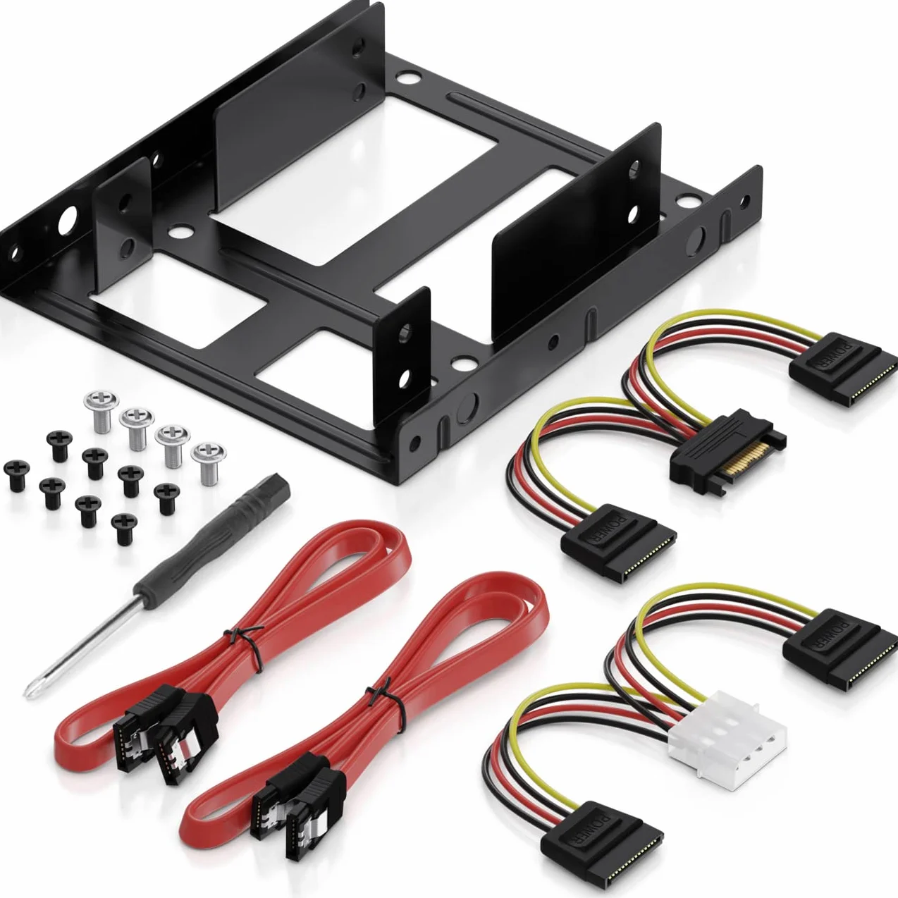 deleyCON Rama Montażowa Set dla 2 Dysków Twardych 2,5" SSD na Adapter 3,5" Zdejmowany Uchwyt na Ramę ze Śrubami 2 Kabel SATA 2 Zasilacze i Śrubokręt