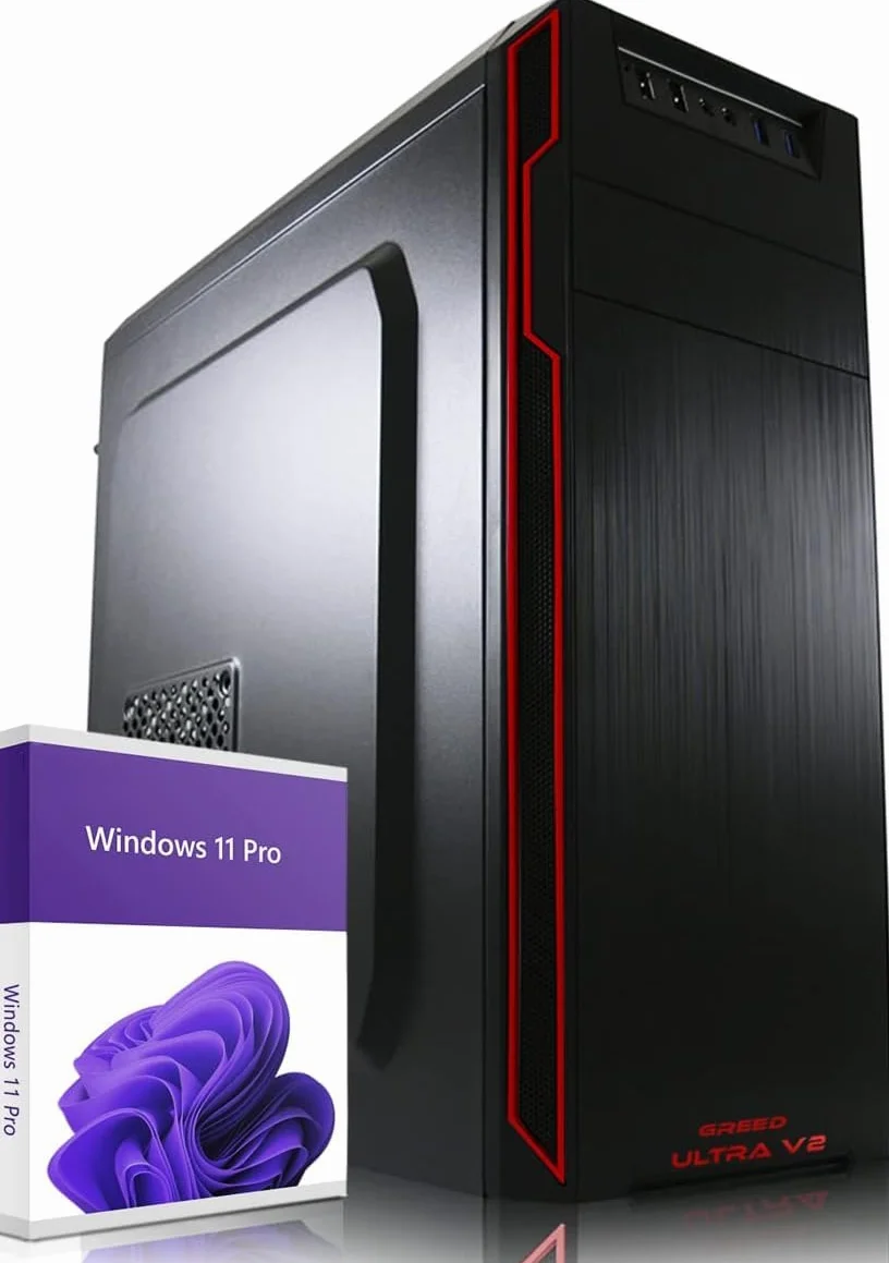 Greed® Komputer Ultra V2 z AMD Ryzen 7 5700G – szybki PC + Desktop do biura i domowego biura o częstotliwości 4,6 GHz, 16 GB pamięci RAM - 1TB SSD + 1TB HDD - DVD+RW - USB 3.1 + Windows 11 Pro