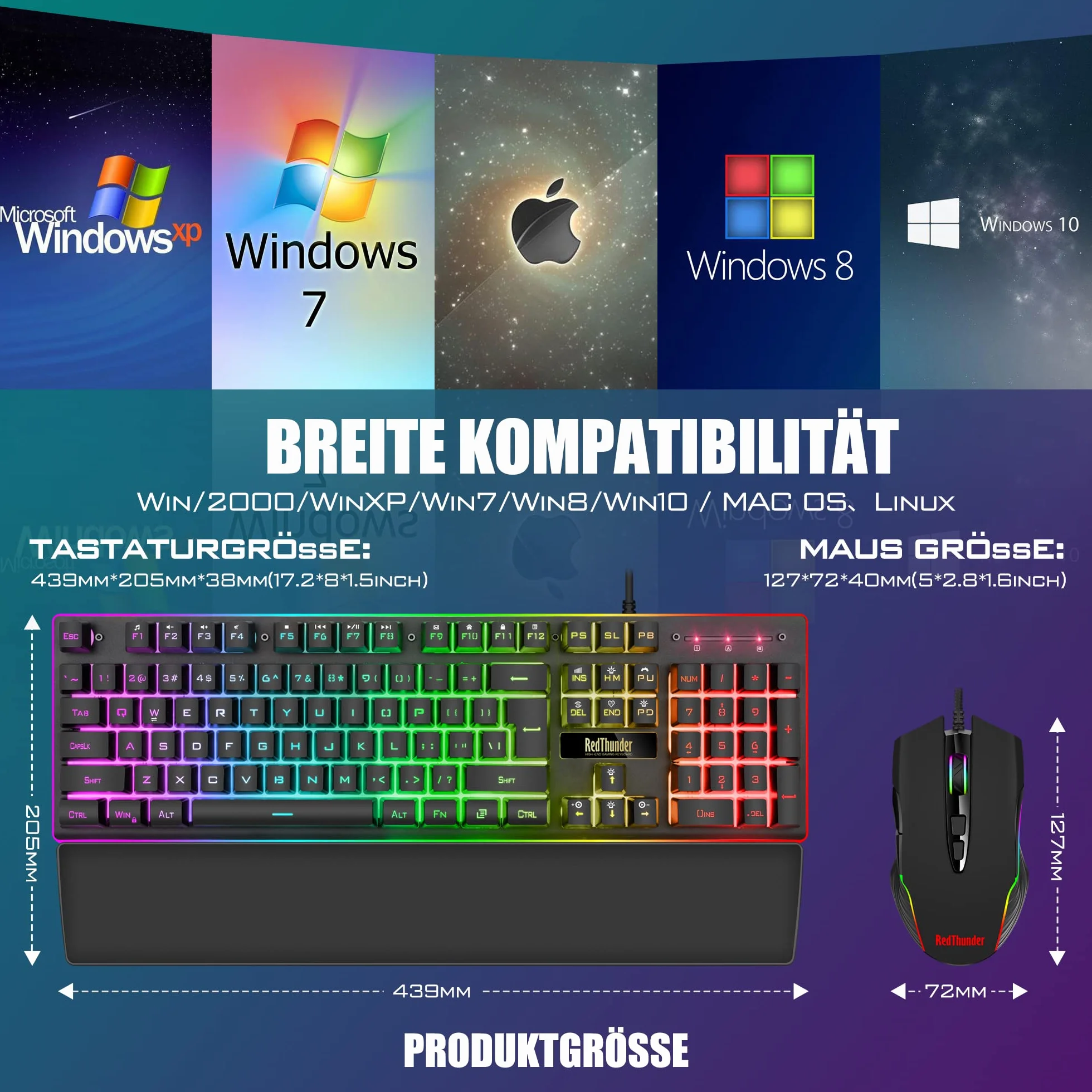 RedThunder K10 zestaw klawiatury i myszy do gier, układ QWERTZ DE, metalowa płyta i podpórka pod nadgarstek, podświetlenie RGB i ergonomiczna 7D dla graczy PC (czarny)