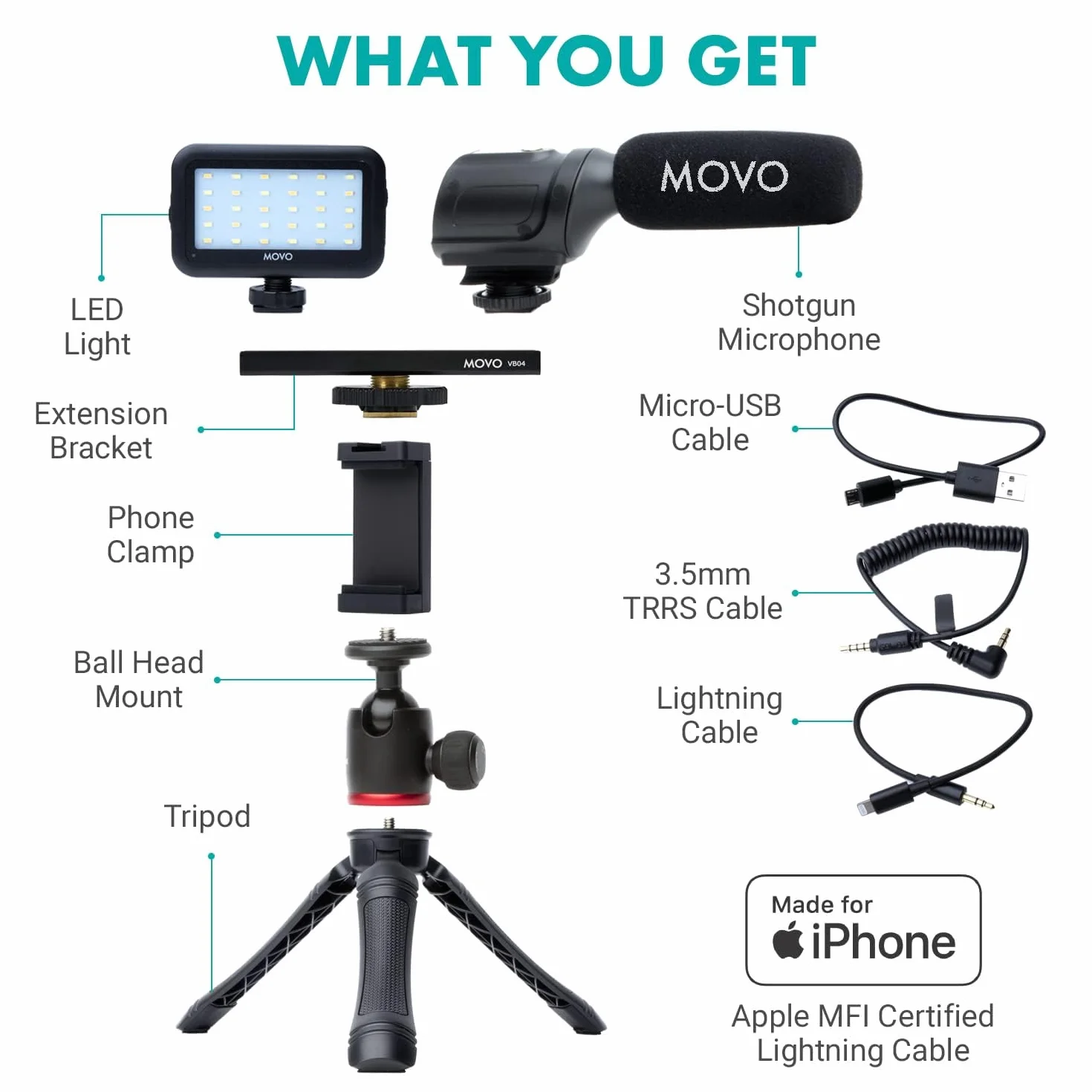 Movo iVlogger Zestaw do iPhone'a: Zestaw do vlogowania kompatybilny z Lightning - Akcesoria: Mikrofon kierunkowy, światło LED, statyw do telefonu i uchwyt na telefon - do Youtube