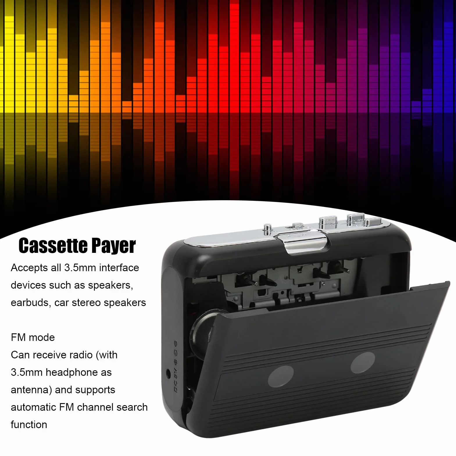 Odtwarzacz Kasetowy, Przenośny Odtwarzacz Kasetowy Bluetooth 5.0 z Funkcją Automatycznego Cofania Słuchawek Stereofoniczny Odtwarzacz Kasetowy z Funkcją Radia FM](Czarny)