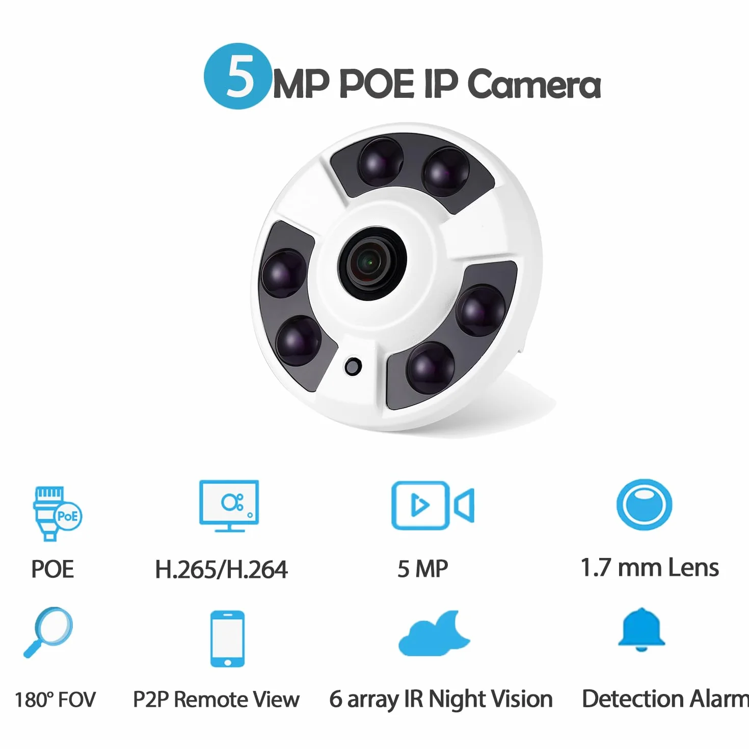 5 MP Fisheye POE kamera IP, HD Indoor CCTV kamera monitorująca 1,7 mm obiektyw 170 stopni kąt widzenia 6 Array LED IR widoczność w nocy P2P H.265 wykrywanie ruchu kamera POE IP (IF02-P-HS biała)