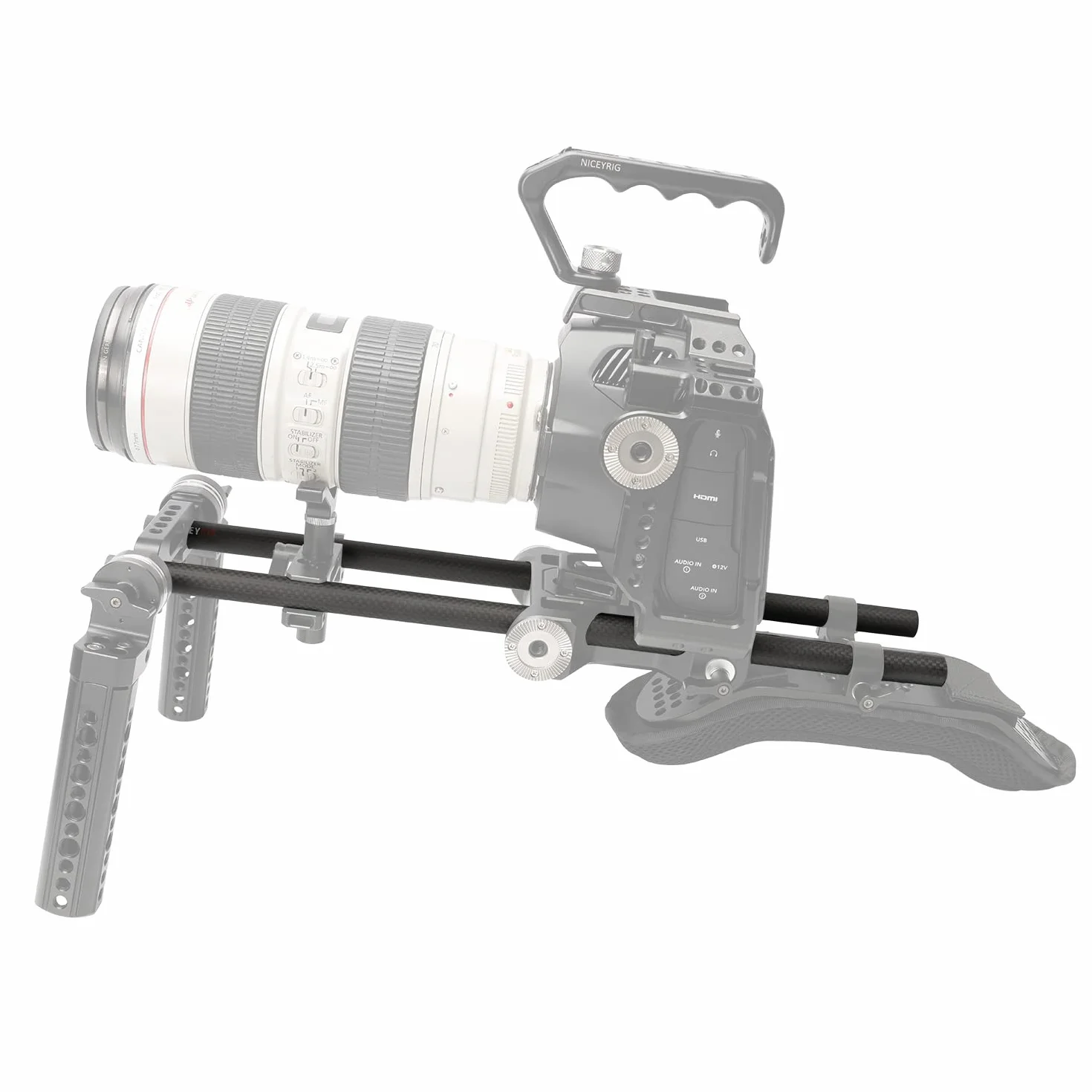 NICEYRIG Pręty z włókna węglowego 15 mm 16"/40 cm 15 mm system podparcia szyny prętowej, zestaw naramienny DSLR, klatka stabilizatora aparatu, matowe pudełko, płyta podstawy