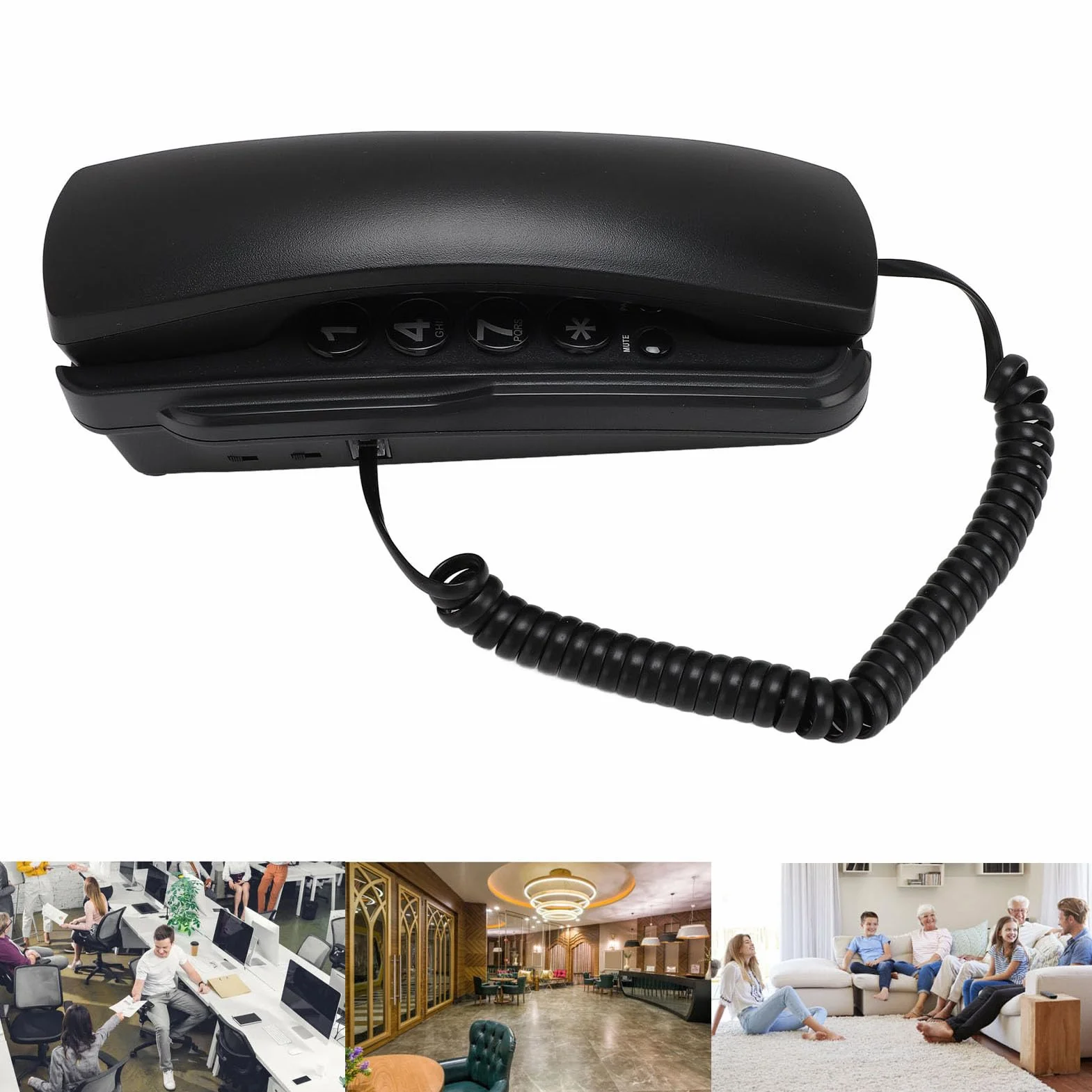 Annadue Telefon ścienny do biur hotelowych, przewodowy, z regulacją głośności, sygnałem dzwonka i ponownym wybieraniem (czarny)