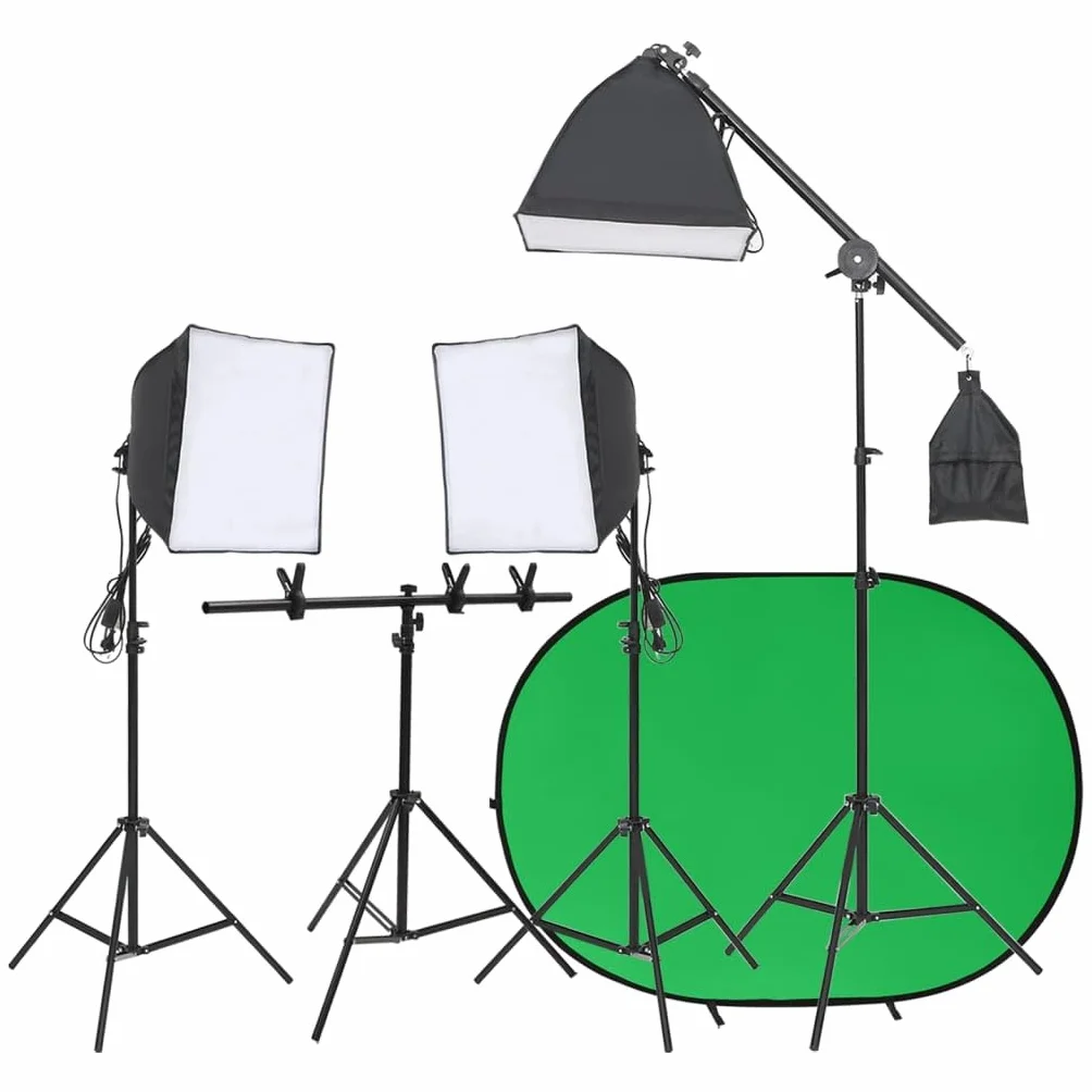 Zestaw do studia fotograficznego z lampami ciągłymi i softboxami, 3 statywy, system tła z niebiesko-zielonym materiałem, uchwyt aluminiowy, oświetlenie 5600 K do fotografii, wideo, streamingu
