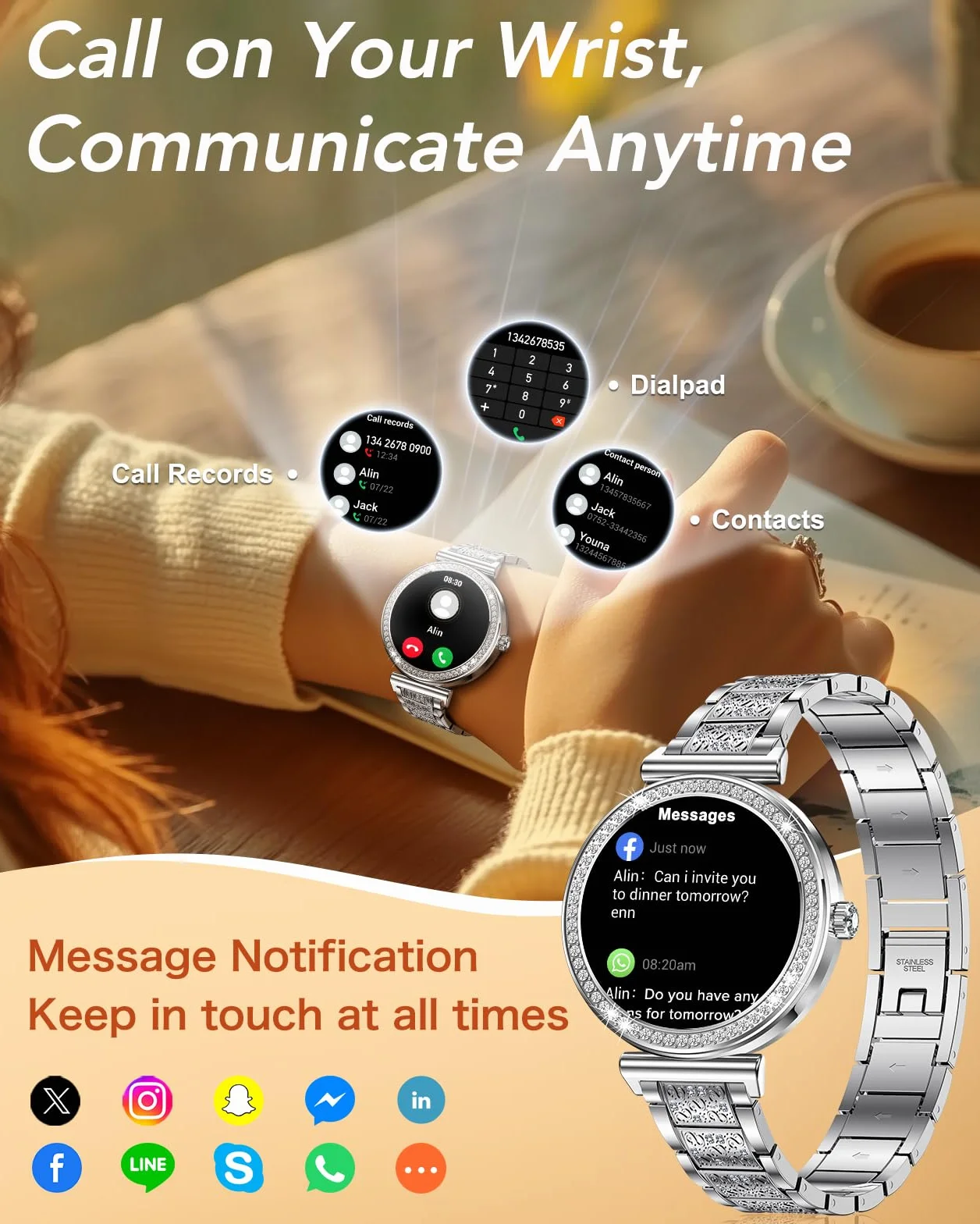 CIVO Smartwatch damski, funkcja telefonu, zegarek na rękę: sportowy tracker fitness, kompatybilny z systemem Android i iOS, pomiar ciśnienia krwi, pulsometr, zegarek fitness, srebrny, wodoszczelny