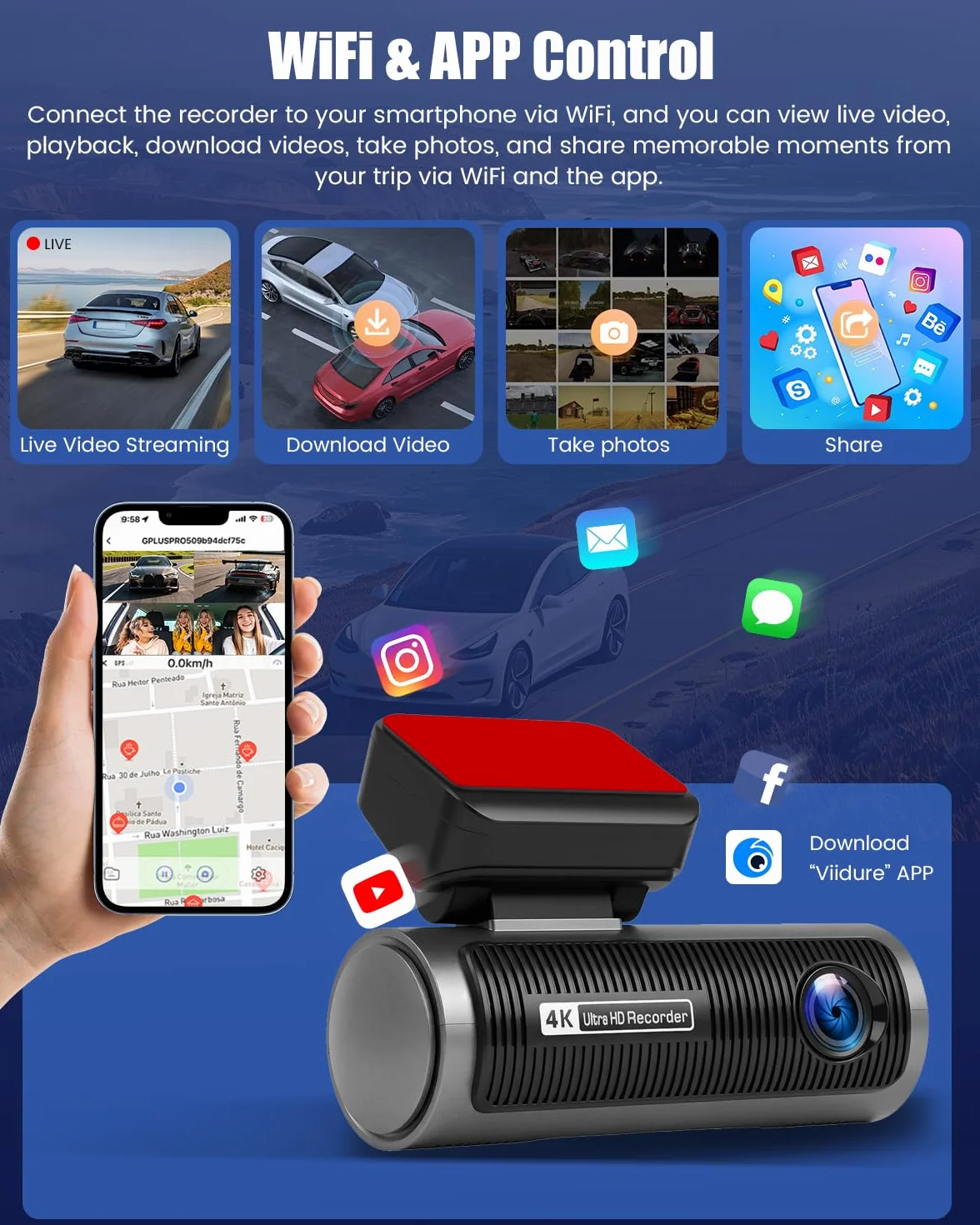 Kamera samochodowa 4K przód/tył, 2-kanałowy aparat samochodowy z kartą SD 64 GB, ekran dotykowy IPS 3,2", szeroki kąt, noktowizor, czujnik G, kamera Dash Cam WiFi z nagrywaniem w pętli