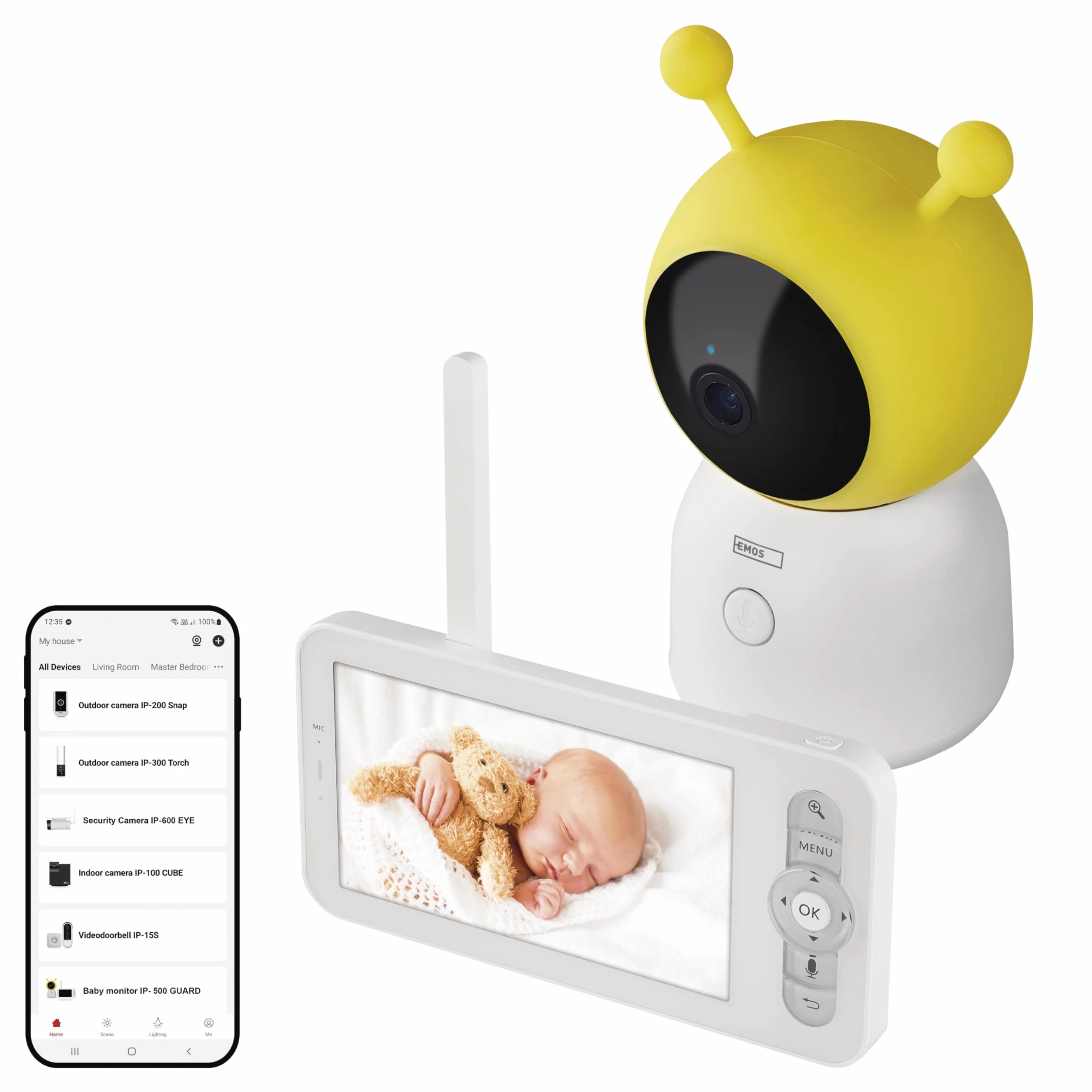 EMOS GoSmart elektroniczna niania IP-500 Guard z 5-calowym monitorem LCD i akumulatorem 3000 mAh, WiFi i aplikacją, obrotowa, regulacja ostrości, 2-drożne audio, widoczność w nocy na podczerwień,