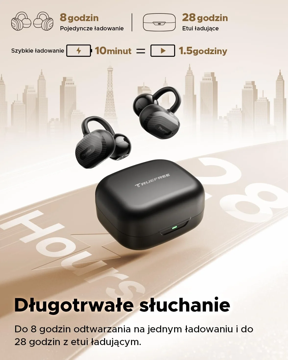 Truefree C10 Bezprzewodowe Słuchawki Douszne z Klipsem, Otwarta Konstrukcja, Bluetooth 5.4, 12mm Przestrzennym Dźwiękiem, 28H Odtwarzania, IPX5, AI-ENC, Podwójne Łączenie, Aplikacja