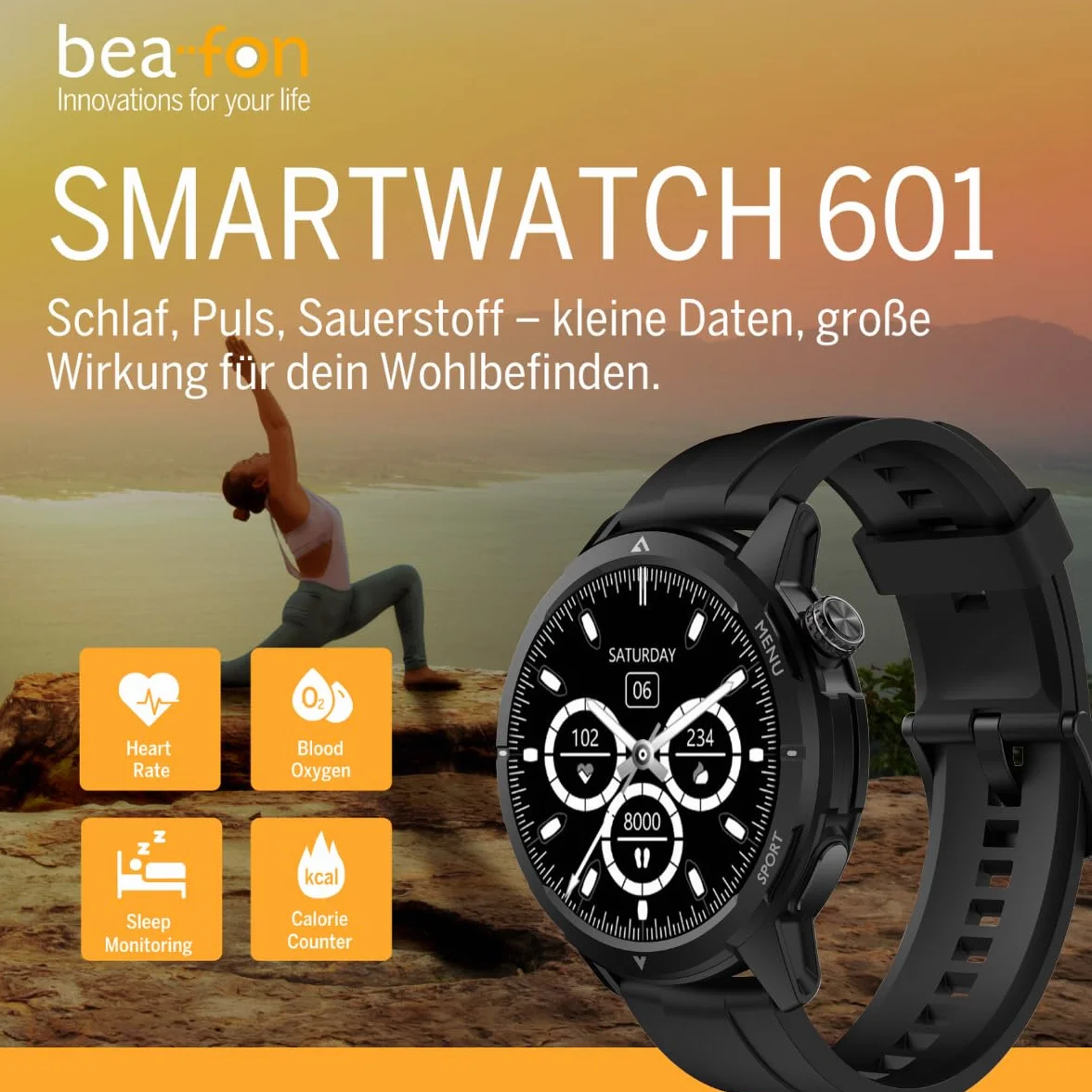 Beafon, Smartwatch 601, zegarek na rękę, wyświetlacz AMOLED 3,63 cm, szkło panda, kompas, wysokościomierz, IP68, 5ATM, tryb sportowy, tętno, tlen we krwi, krokomierz, połączenia Bluetooth, GPS,