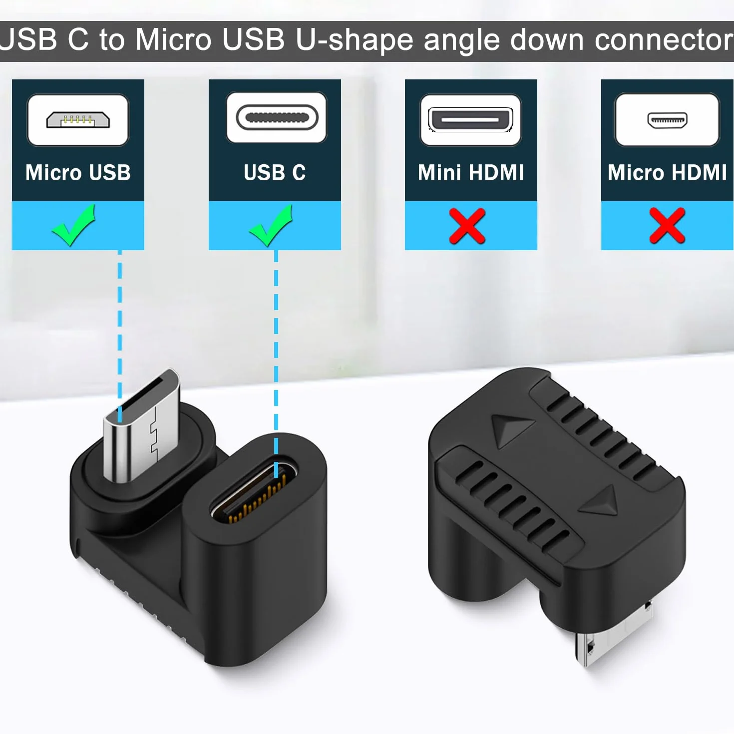 QIANRENON USB C na Micro USB ładowanie, dane w kształcie litery U, złącze typu C, wtyczka micro USB, kąt 180 stopni, adapter do dołu 10 W 480 Mbps, podziałka w kształcie litery U 5,4 mm, 2 szt.
