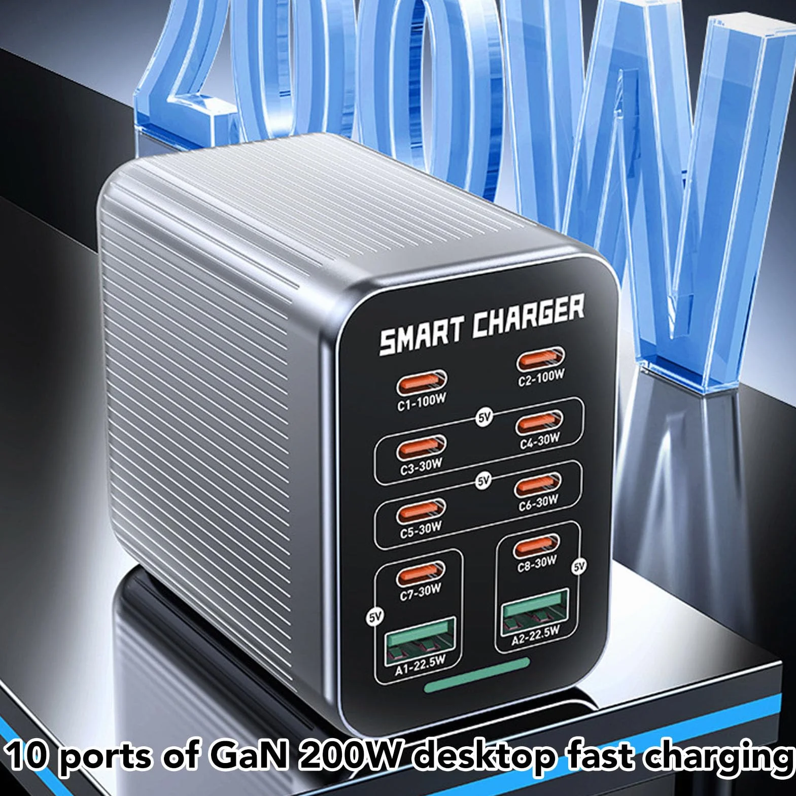 Cryfokt Stacja ładująca PD QC, Koncentrator Szybkiego ładowania 200 W, Technologia GaN, ładowarka Biurkowa 10 W 1, 2 Porty QC3.0/8 PD, 6-portowa ładowarka ścienna PD z Przewodem o (wtyczka UE)